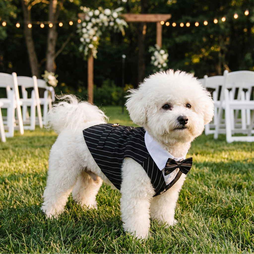 Bichon frise wearing the black formal dog tuxedo suit at an outdoor wedding - wrenwood hero v2