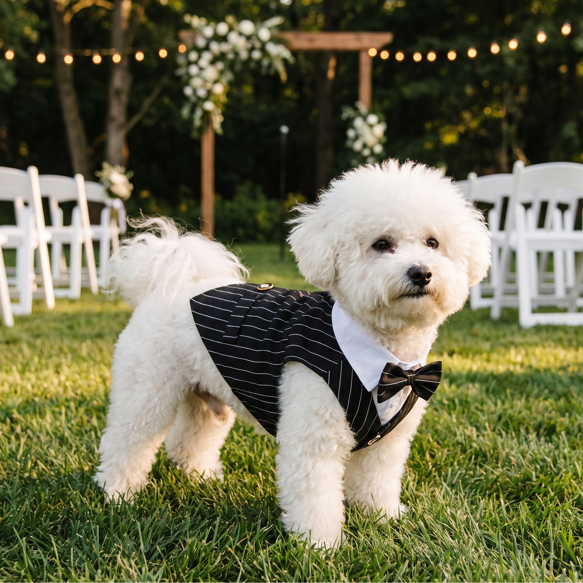 Bichon frise wearing the black formal dog tuxedo suit at an outdoor wedding - wrenwood hero v2