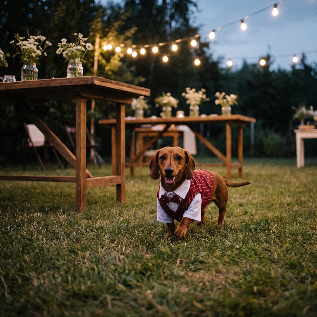 Miniature dachshund in the red dog tuxedo suit at a garden wedding reception - wrenwood ugc lifestyle v3