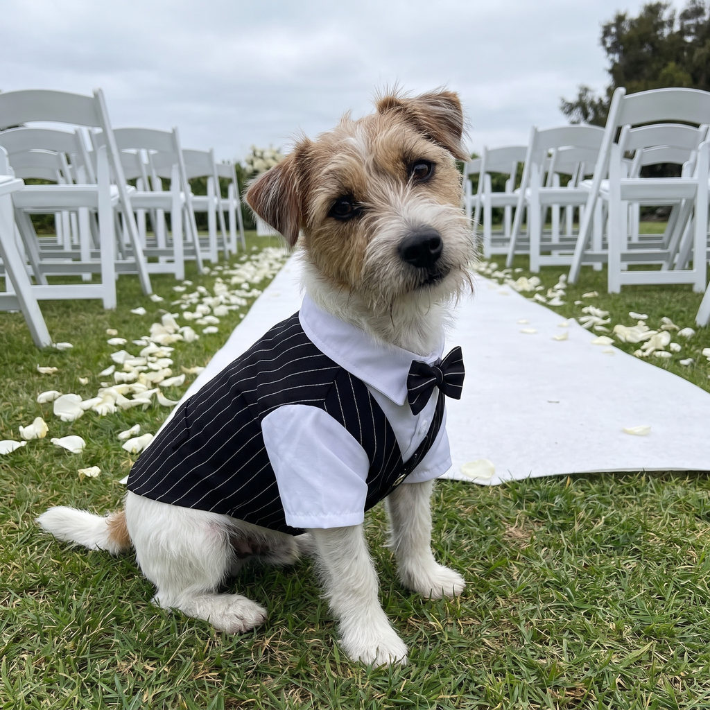 Jack Russell terrier in the black dog tuxedo suit beside a wedding aisle - wrenwood ugc lifestyle v3