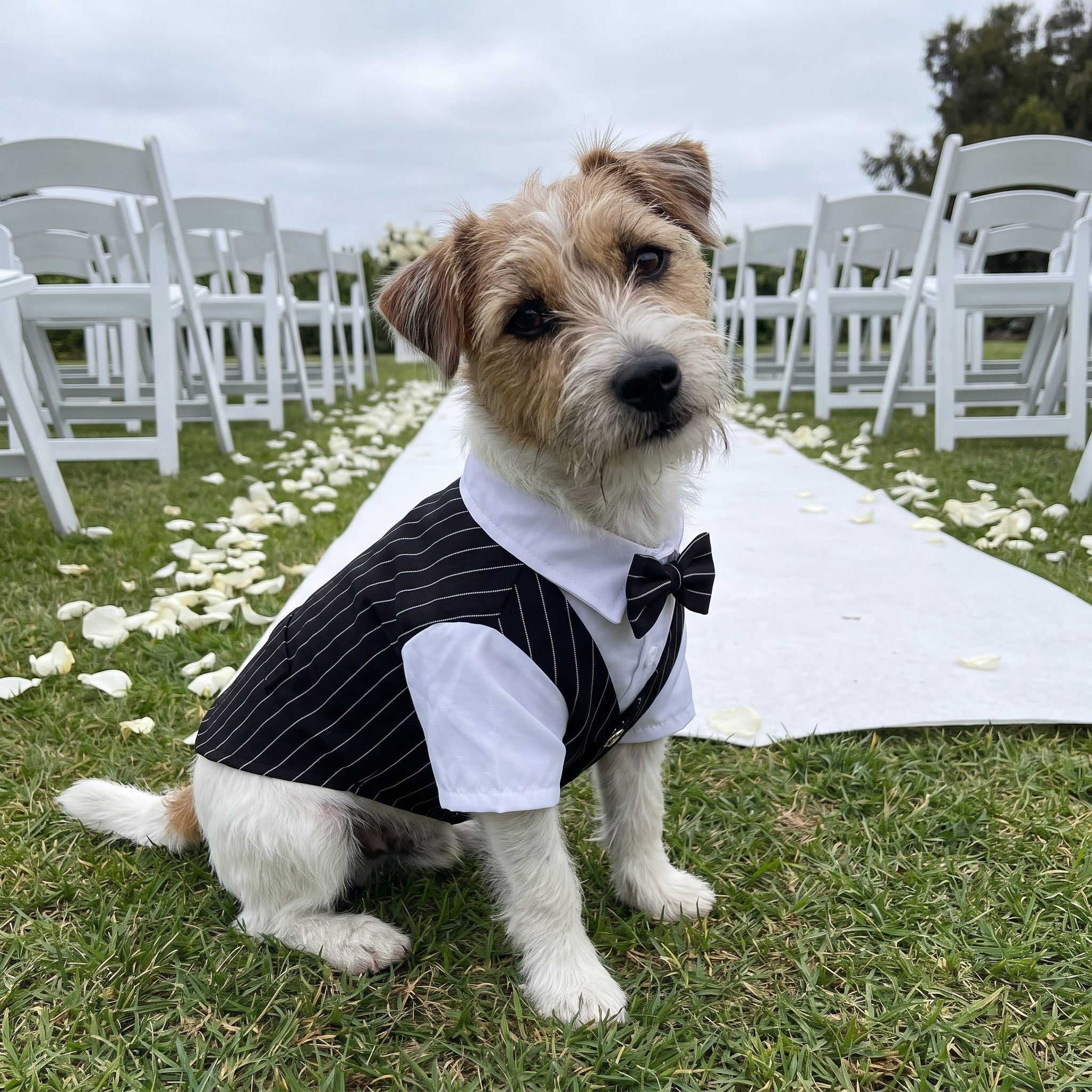 Jack Russell terrier in the black dog tuxedo suit beside a wedding aisle - wrenwood ugc lifestyle v3