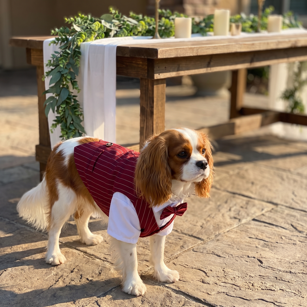 Cavalier King Charles spaniel in the red dog tuxedo suit at a wedding patio - wrenwood ugc lifestyle v3
