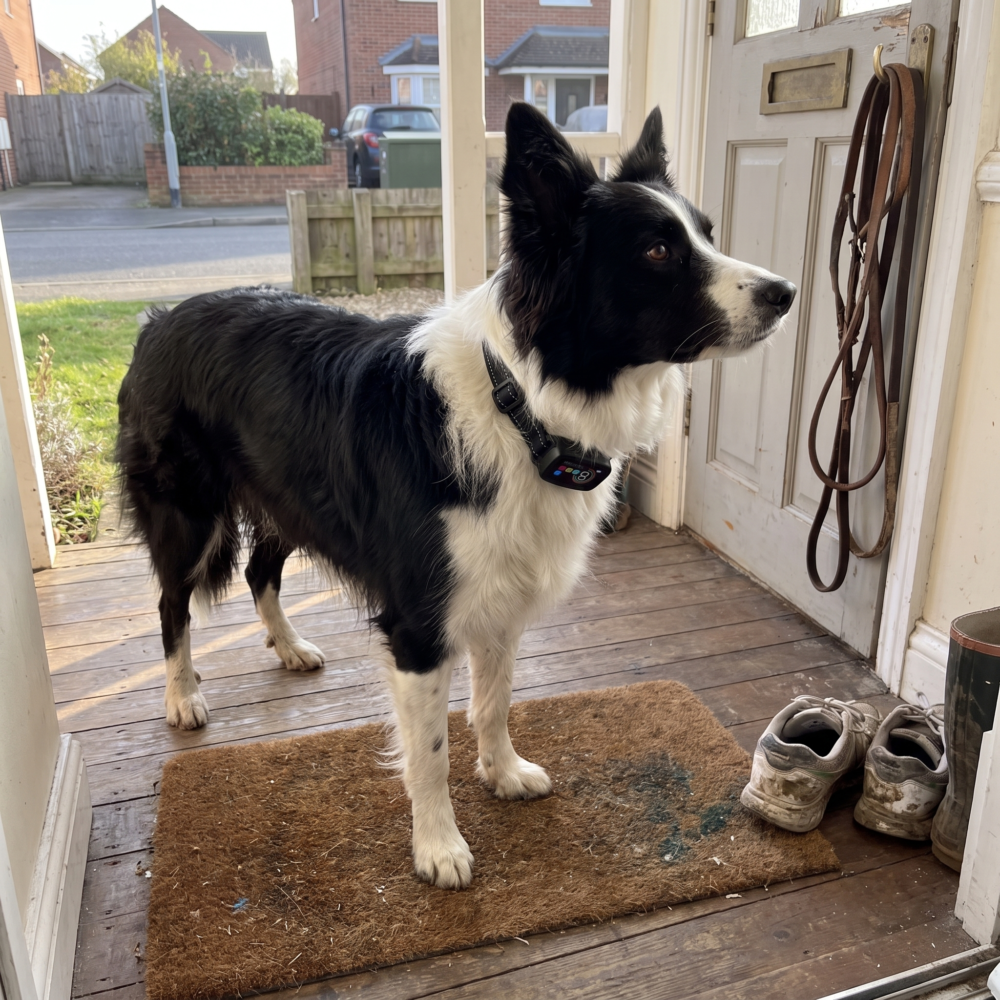 Border collie wearing the smart anti-bark collar on a front porch - wrenwood ugc lifestyle v3