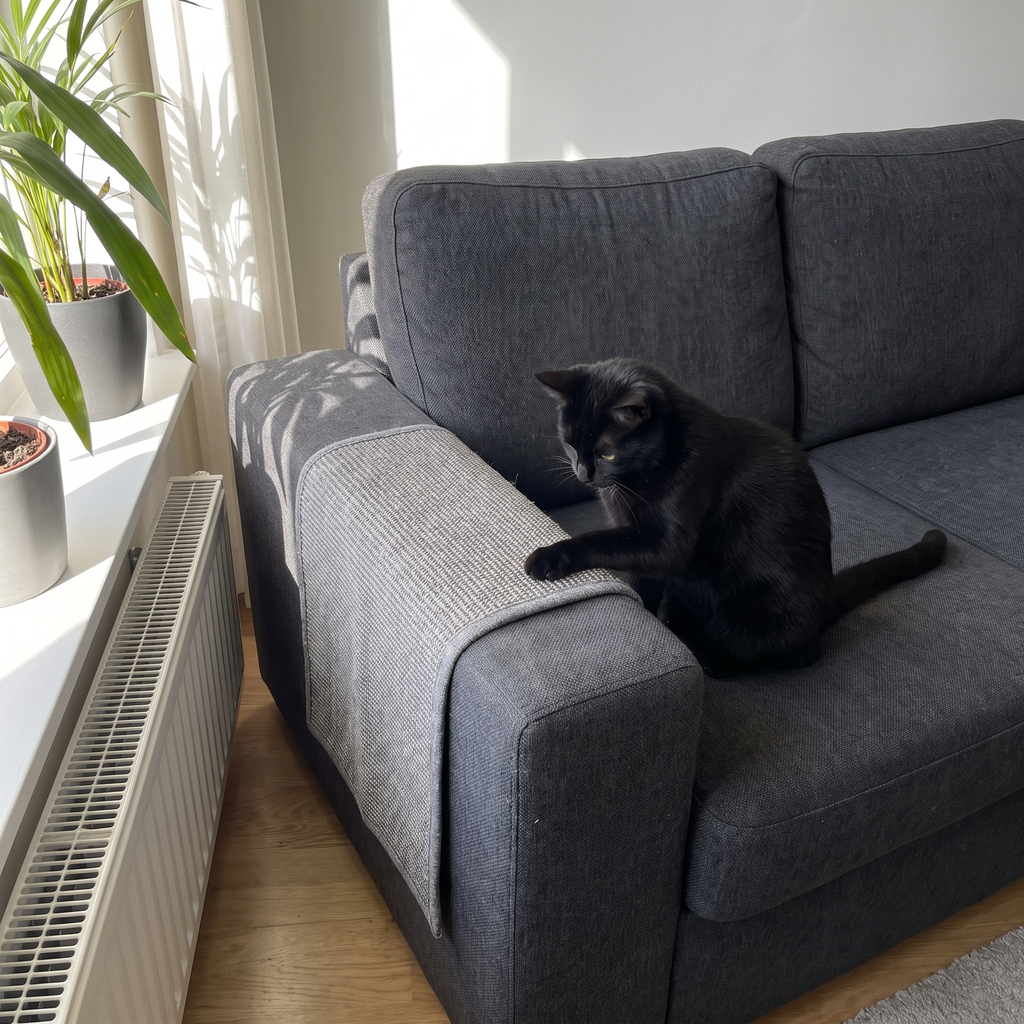 Black cat beside the sisal scratcher mat installed on a grey sofa arm - wrenwood ugc lifestyle v2