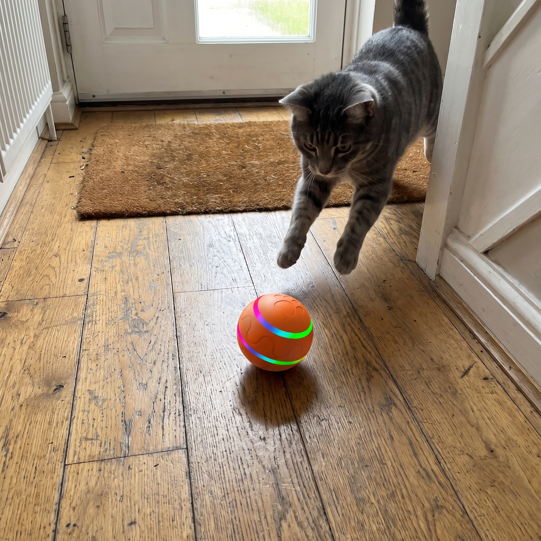 Grey tabby cat pouncing on the small orange smart cat ball in a hallway - wrenwood ugc lifestyle v3