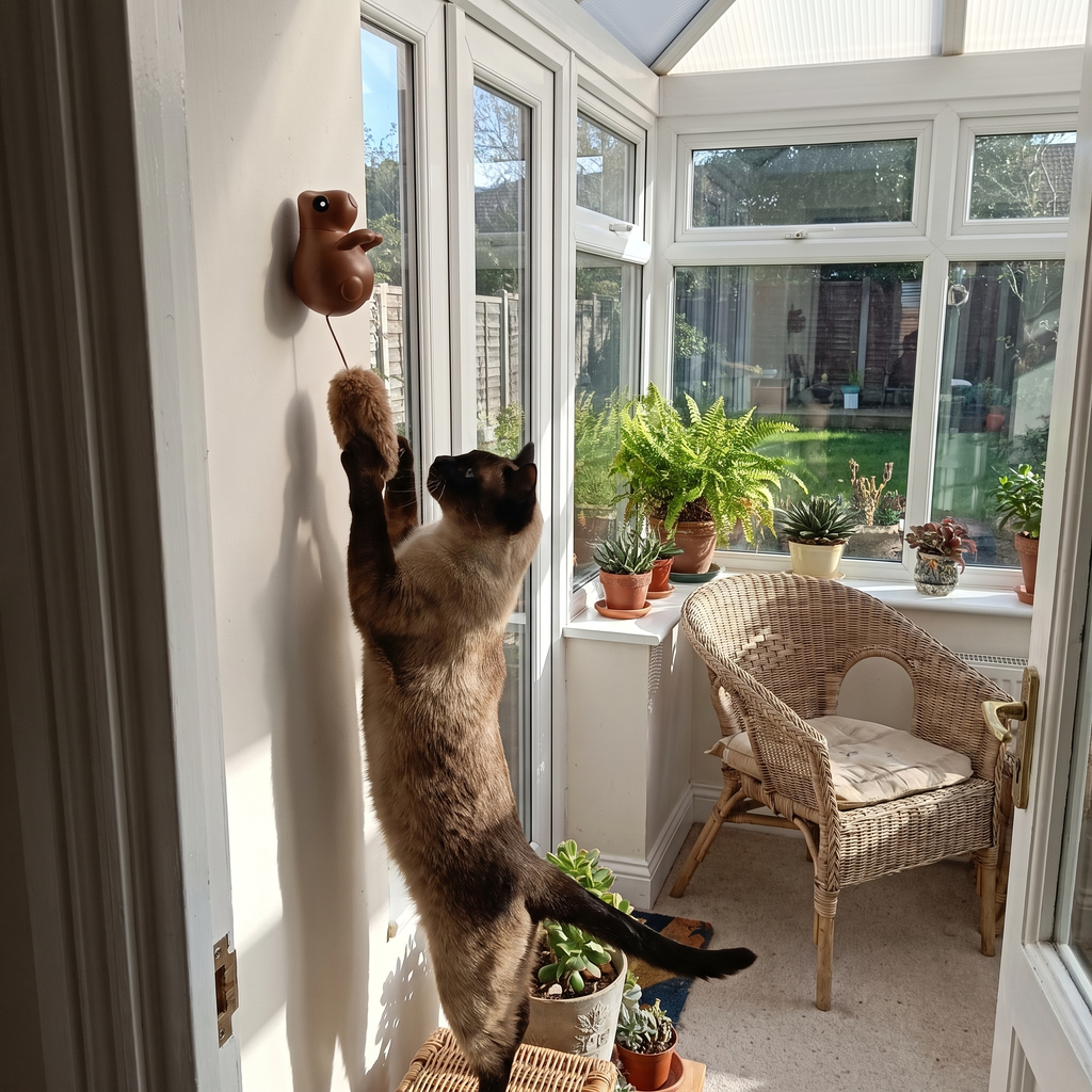 Siamese cat batting the squirrel cat teaser toy lure in a sunroom - wrenwood ugc lifestyle v3