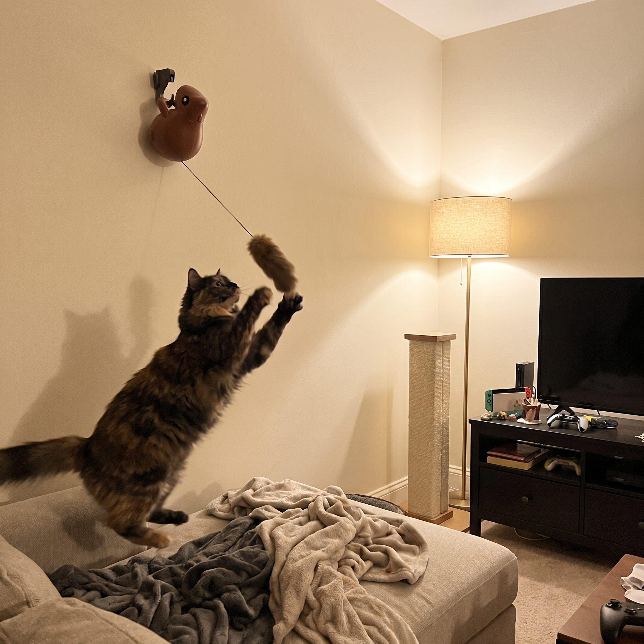 Tortoiseshell cat leaping at the squirrel cat teaser toy in an evening living room - wrenwood ugc lifestyle v3