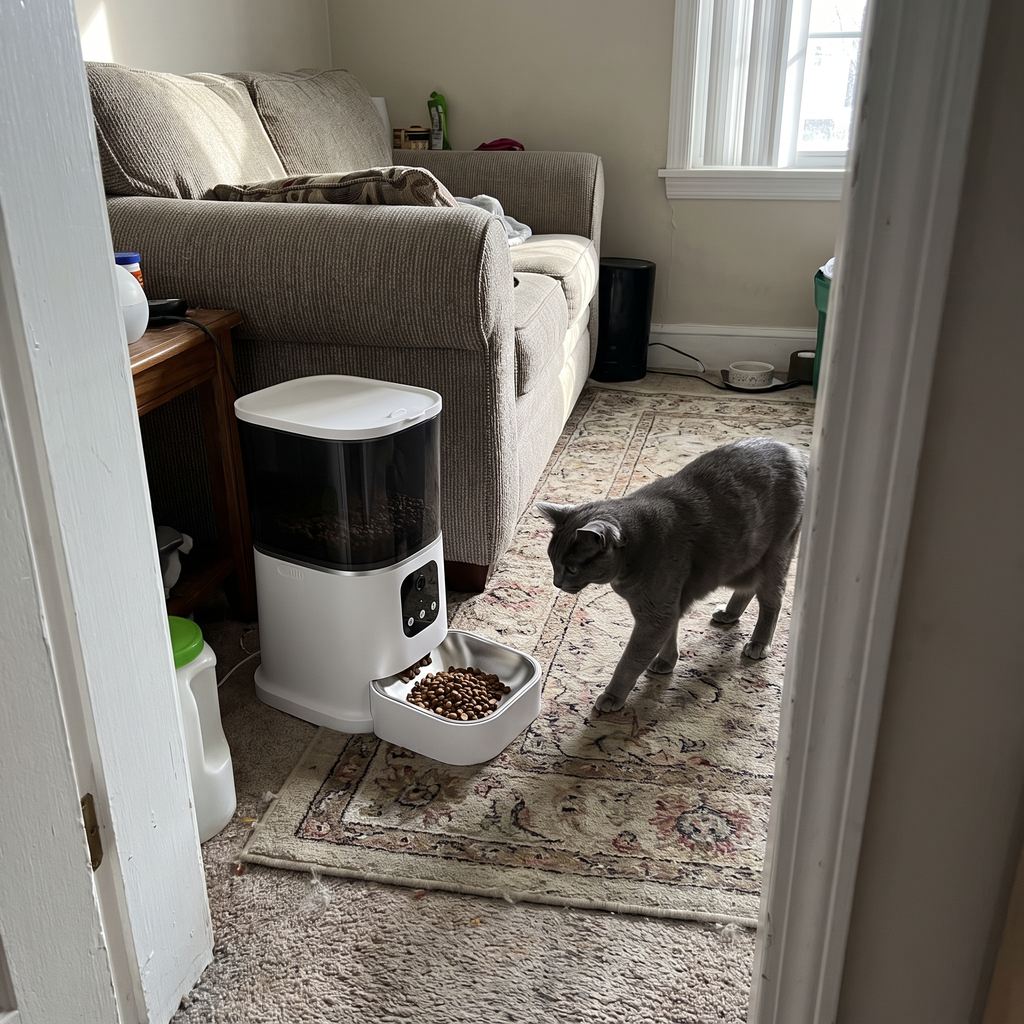 Grey shorthair cat walking to the smart wifi pet feeder as it dispenses kibble in a living room corner - wrenwood ugc lifestyle v3