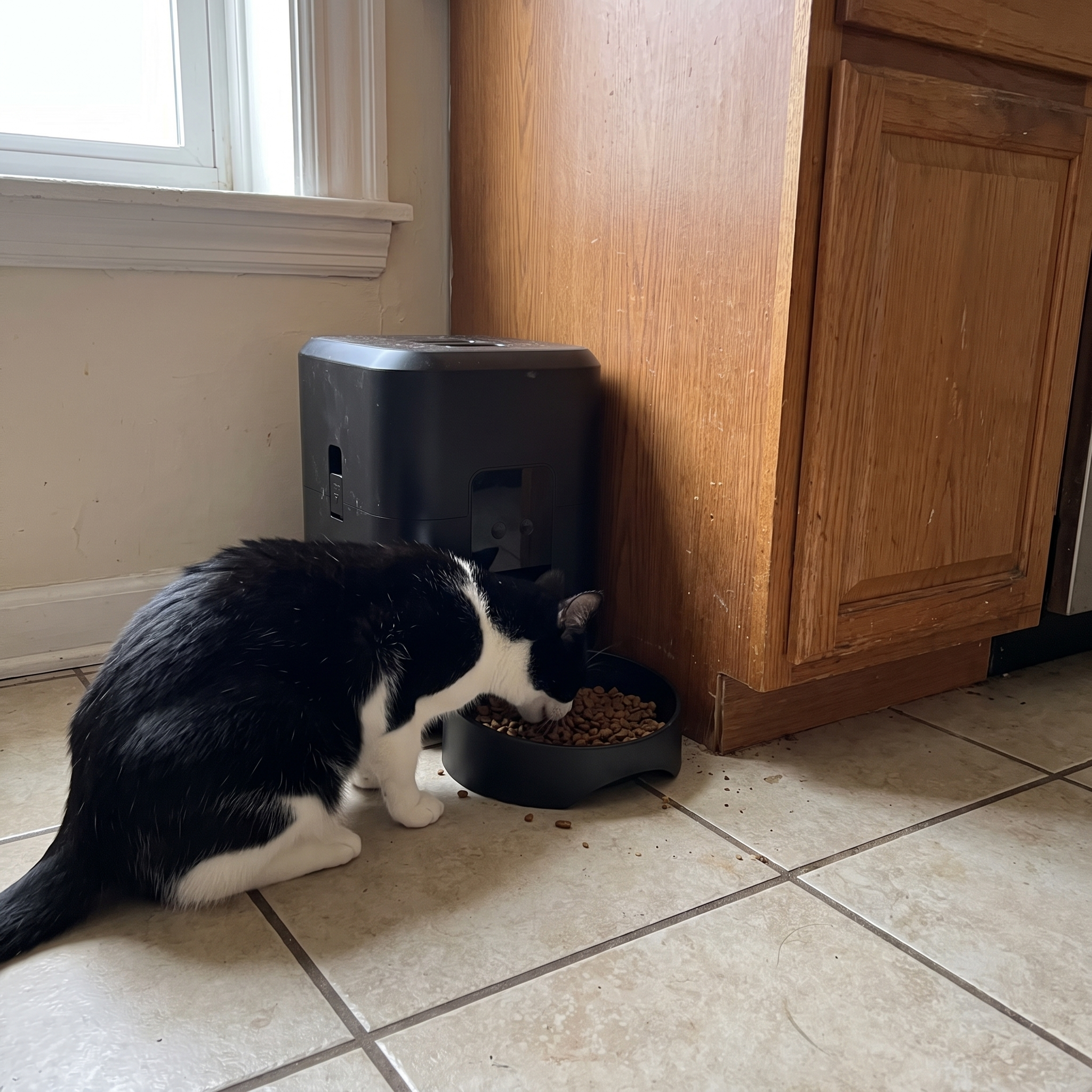 Tuxedo cat eating from the black wifi timed pet feeder in a small kitchen - wrenwood ugc lifestyle v3