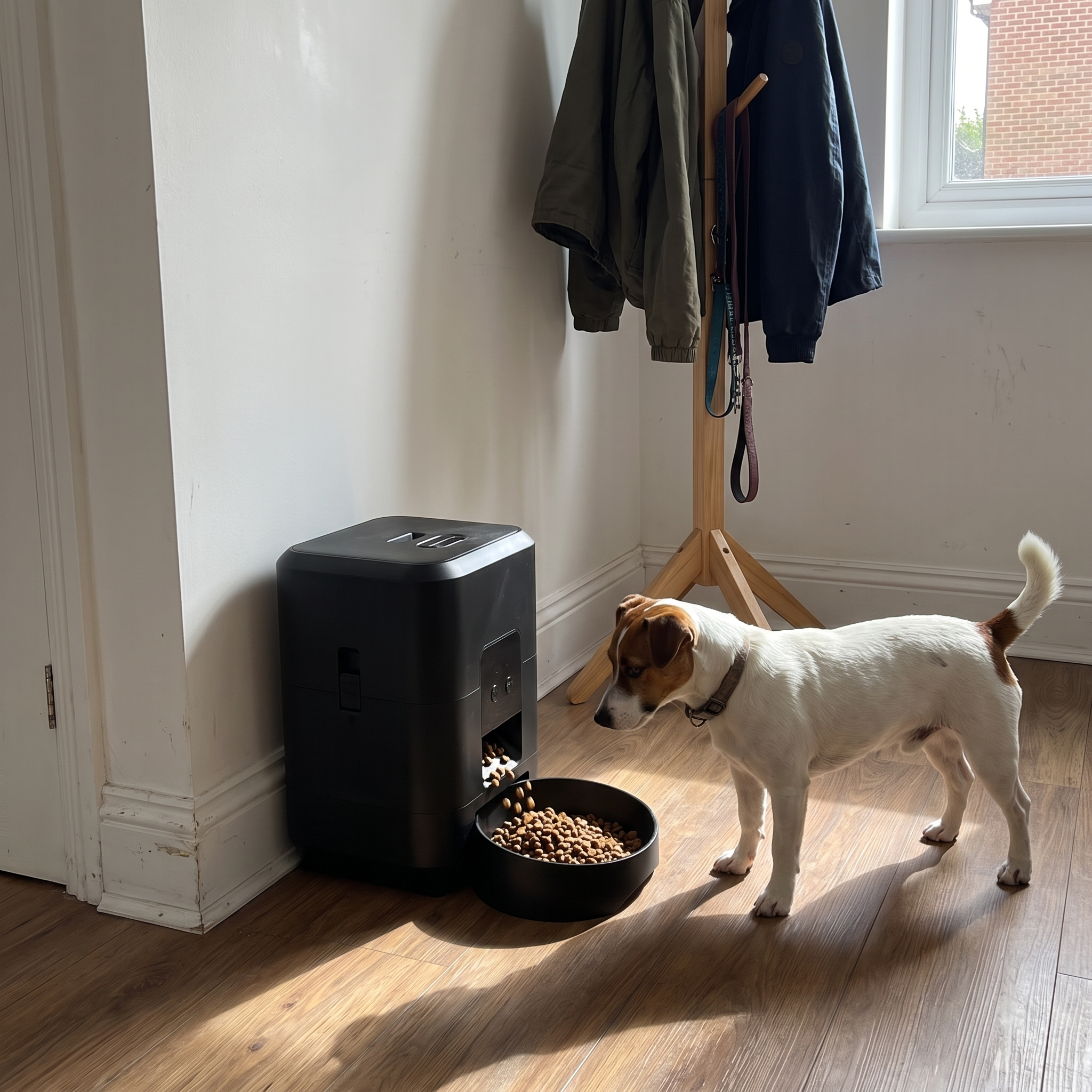 Jack russell terrier waiting beside the black wifi timed pet feeder in an entryway - wrenwood ugc lifestyle v3