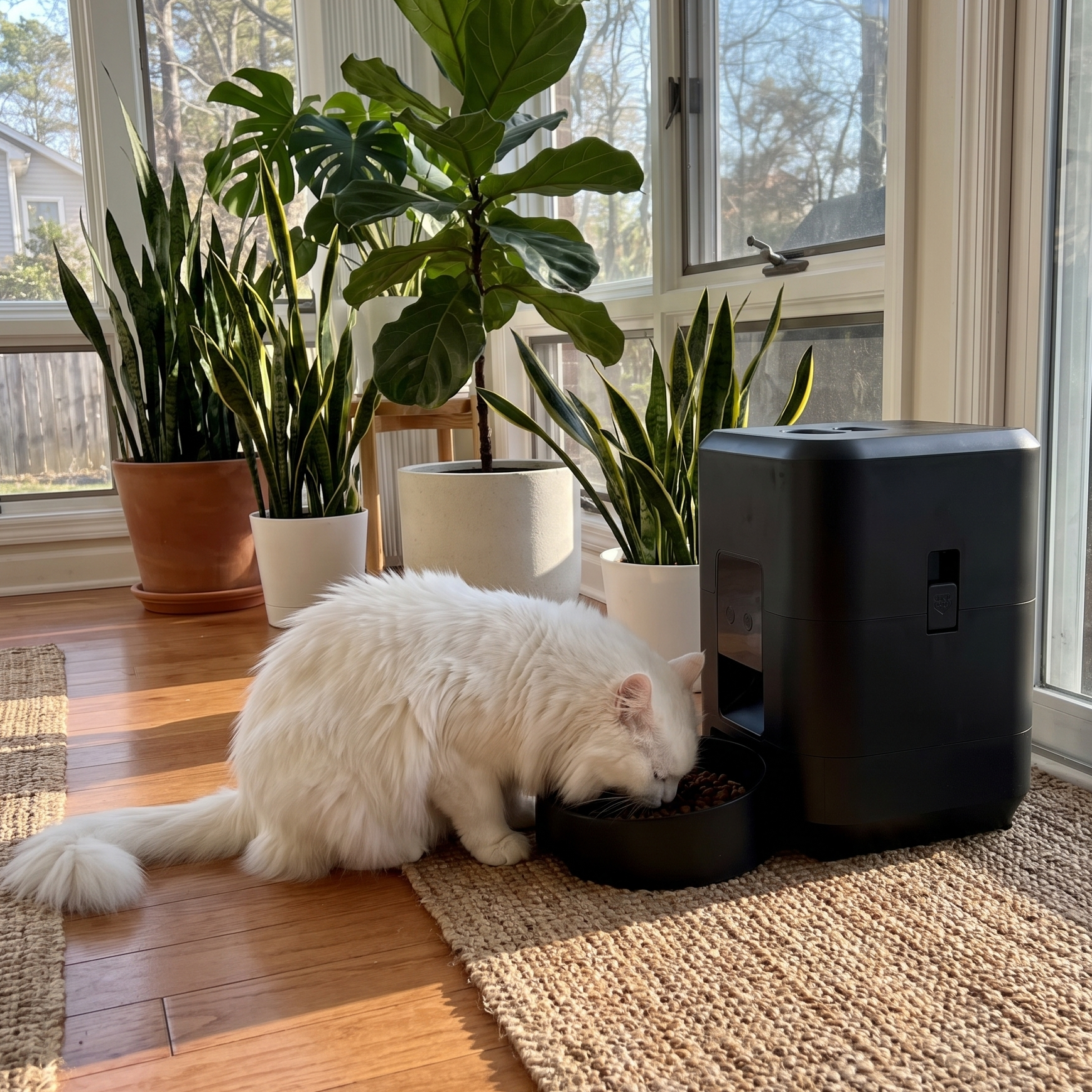 Fluffy white cat eating from the black wifi timed pet feeder in a sunroom - wrenwood ugc lifestyle v3