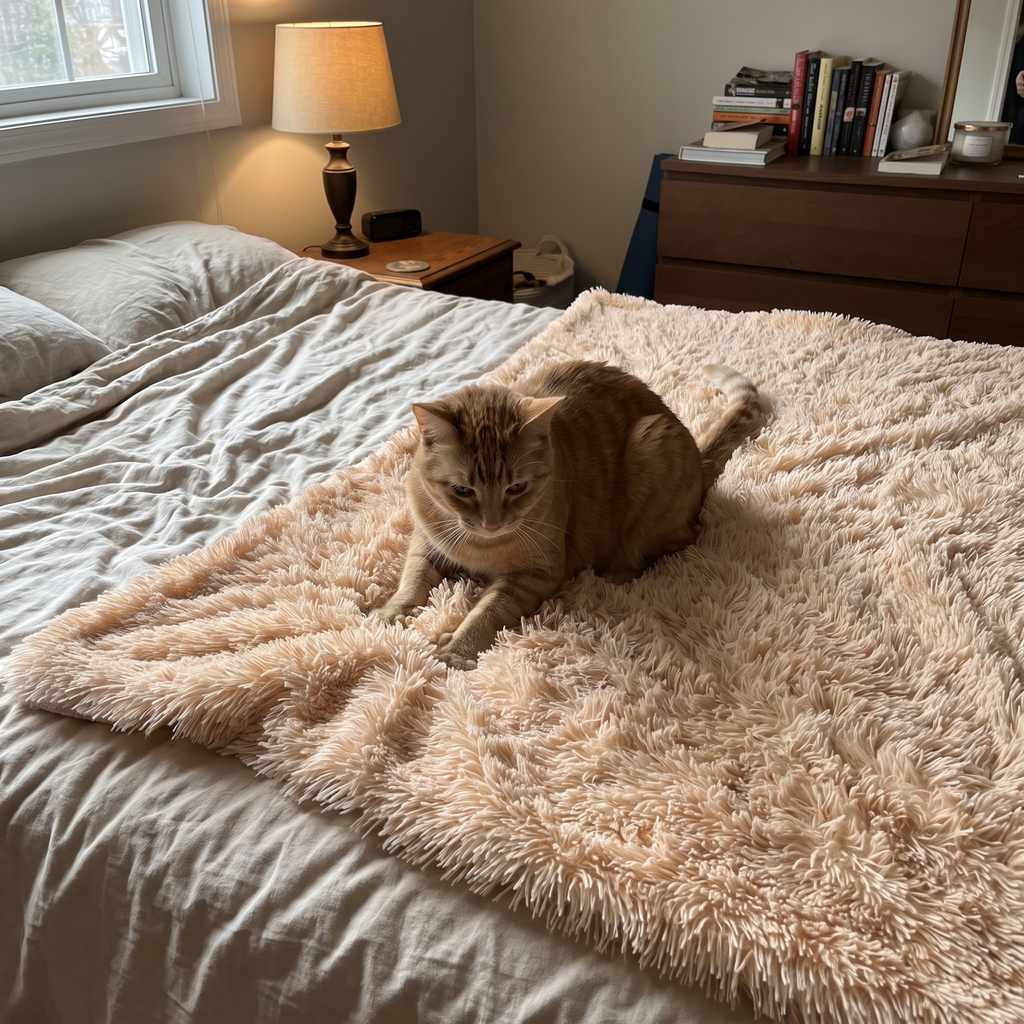 Ginger tabby cat lounging on the apricot fleece pet blanket on a bed - wrenwood ugc lifestyle v3