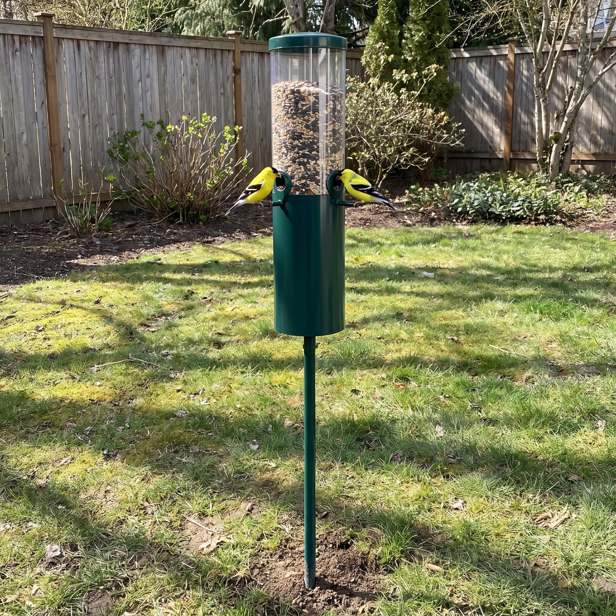 Goldfinches on the squirrel-proof bird feeder pole staked into a backyard lawn - wrenwood ugc lifestyle v3