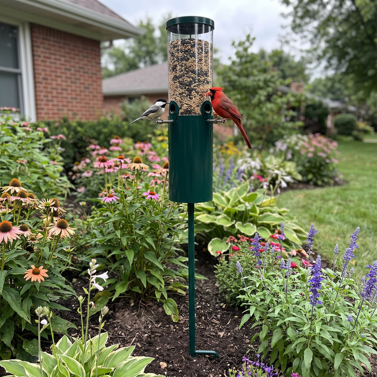 Chickadee and cardinal on the pole-mounted squirrel-proof bird feeder staked in a garden bed - wrenwood ugc lifestyle v3