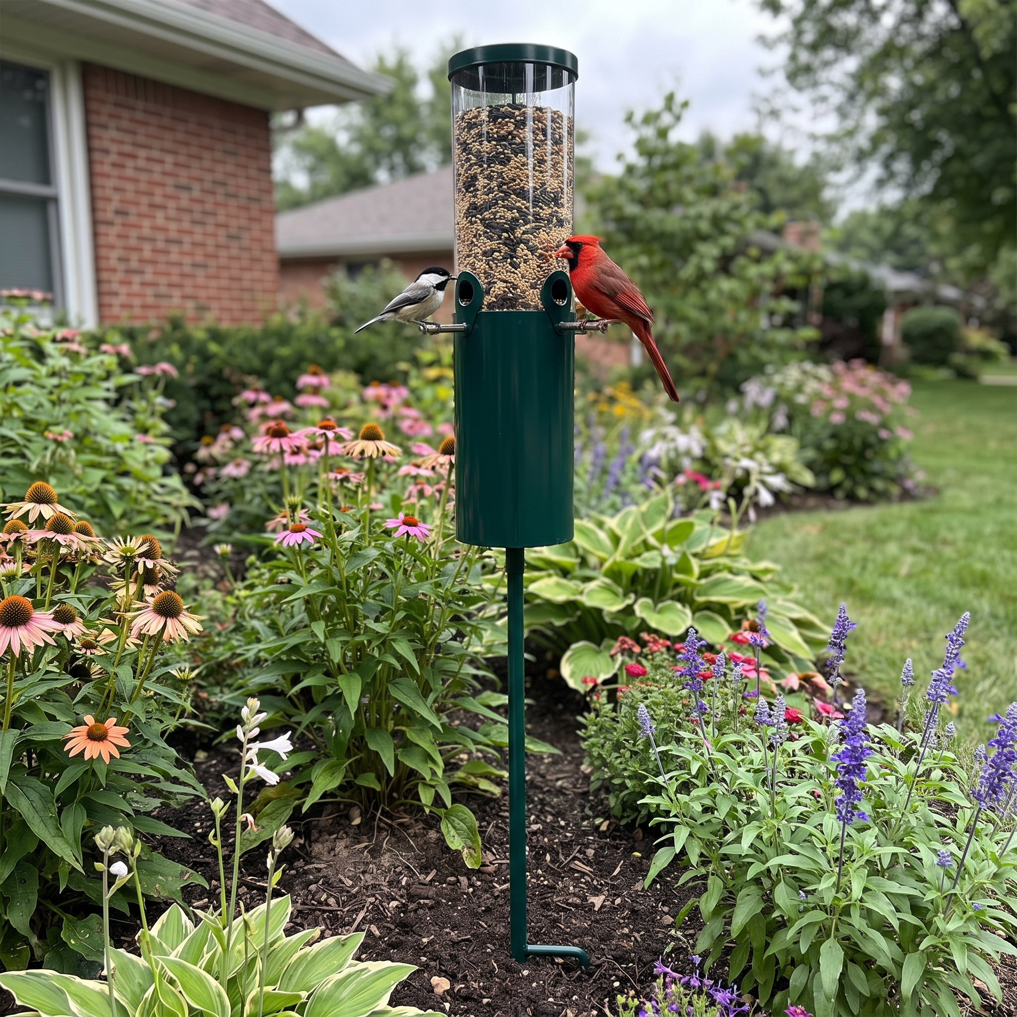 Chickadee and cardinal on the pole-mounted squirrel-proof bird feeder staked in a garden bed - wrenwood ugc lifestyle v3
