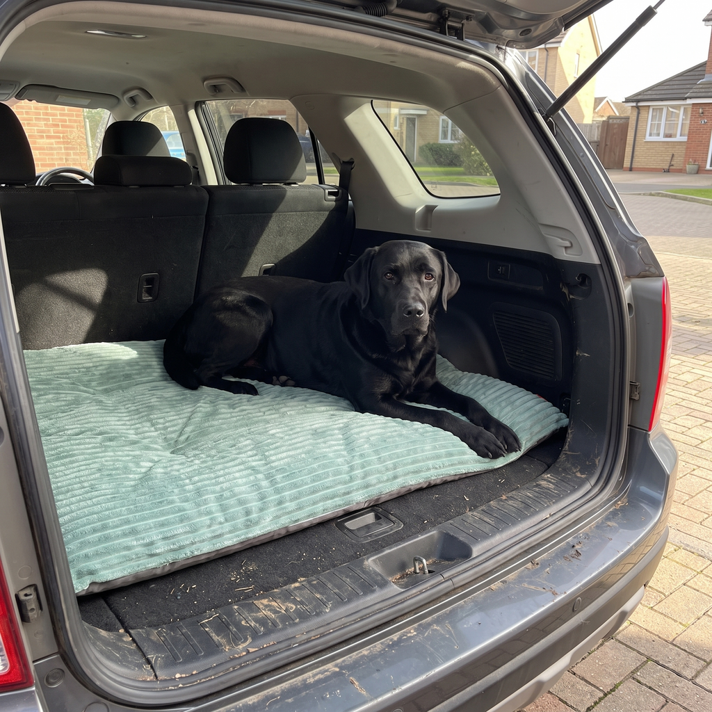 Black labrador lying on the green washable bed mat in an SUV trunk - wrenwood ugc lifestyle v2