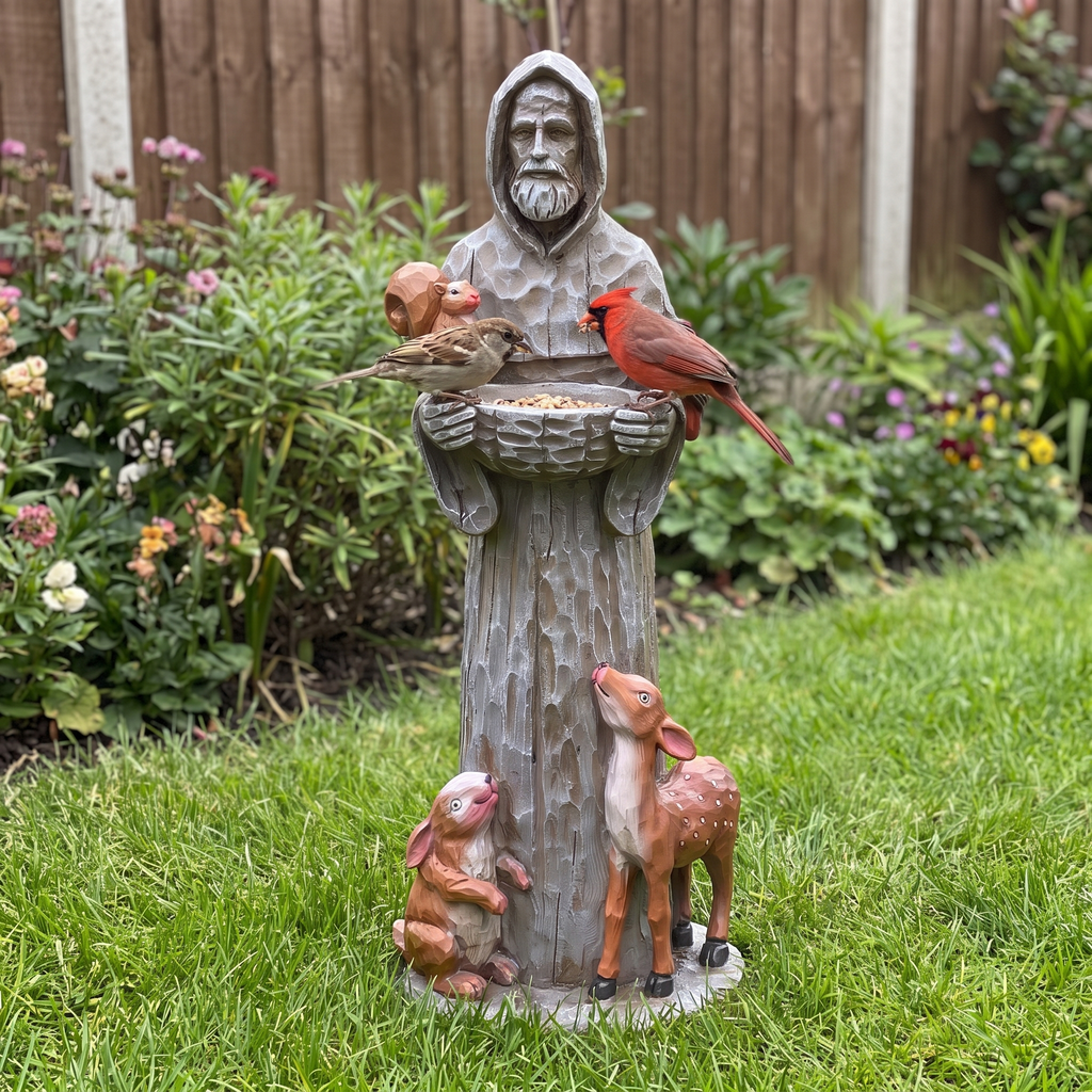 Sparrow and cardinal feeding at the St. Francis statue bird feeder on a backyard lawn - wrenwood ugc lifestyle v3