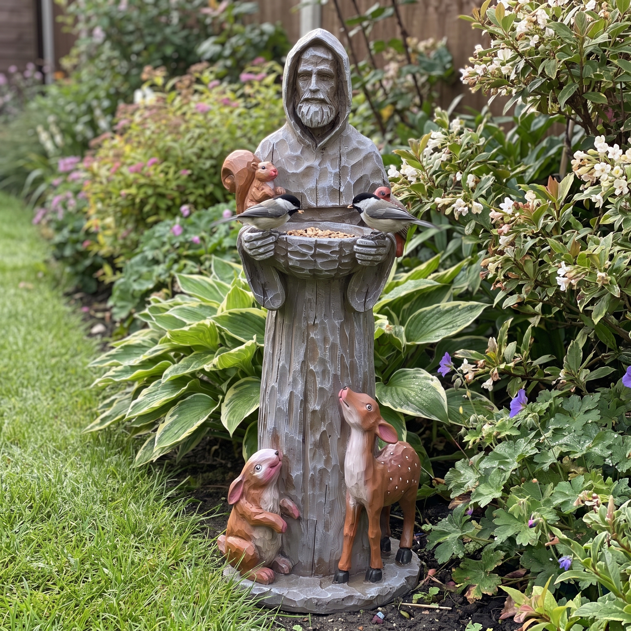 Chickadees at the St. Francis statue bird feeder among a cottage garden flower bed - wrenwood ugc lifestyle v3