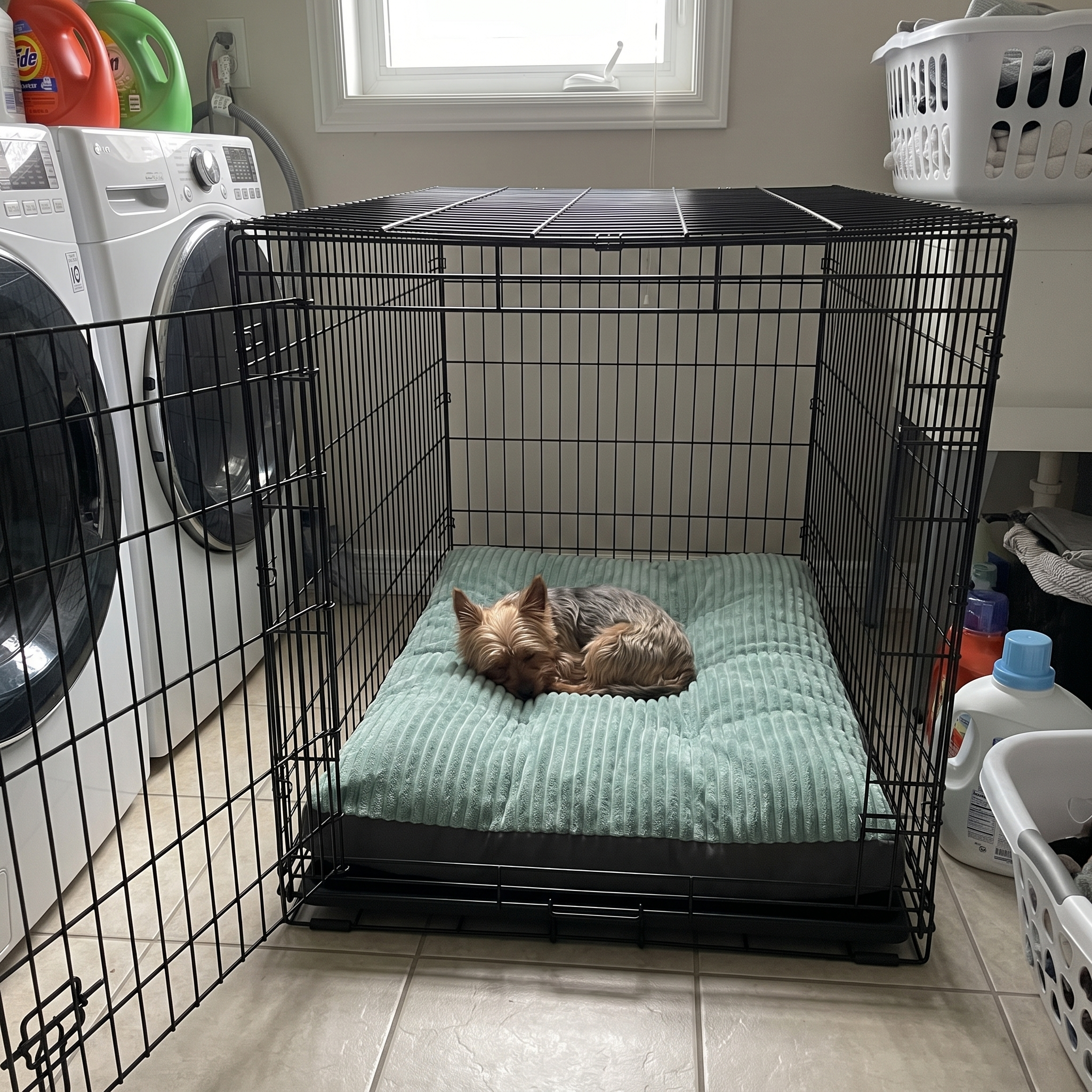 Yorkshire terrier asleep on the green washable bed mat inside a wire crate - wrenwood ugc lifestyle v2