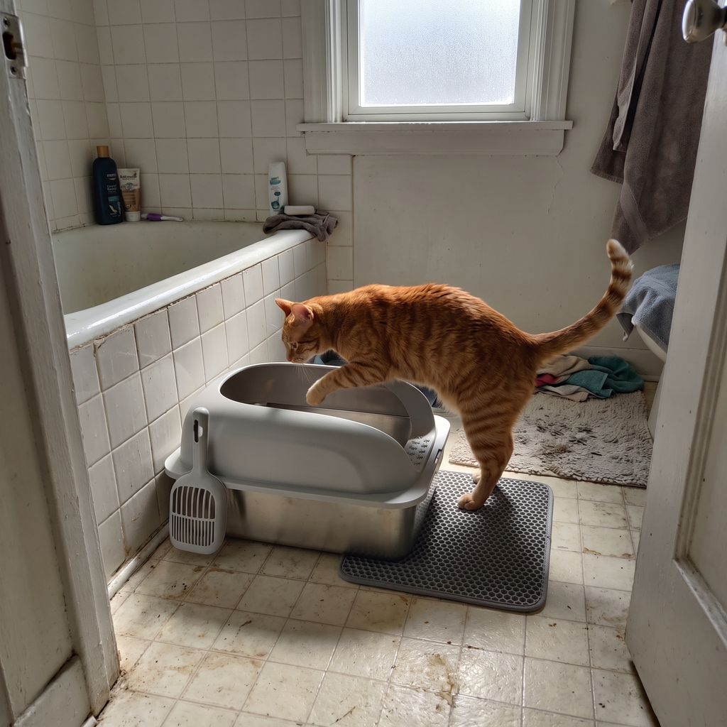 Orange tabby stepping into the light grey stainless steel litter box in a bathroom corner - wrenwood ugc lifestyle v2