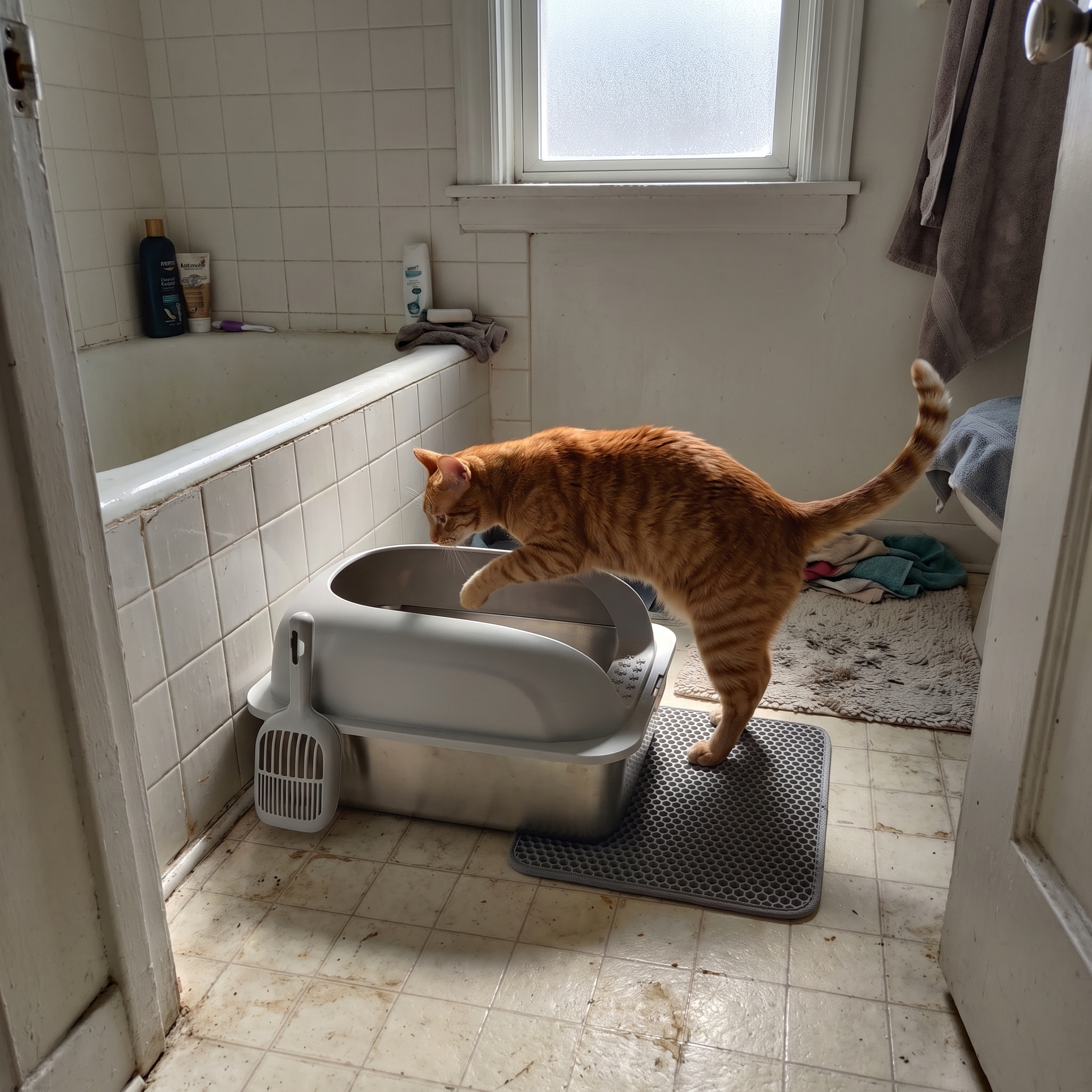 Orange tabby stepping into the light grey stainless steel litter box in a bathroom corner - wrenwood ugc lifestyle v2