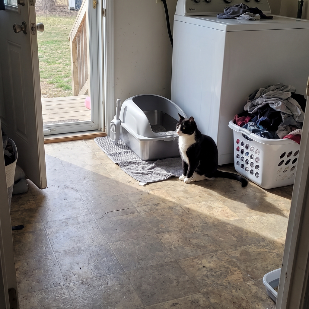Tuxedo cat beside the light grey stainless steel litter box in a laundry room - wrenwood ugc lifestyle v2