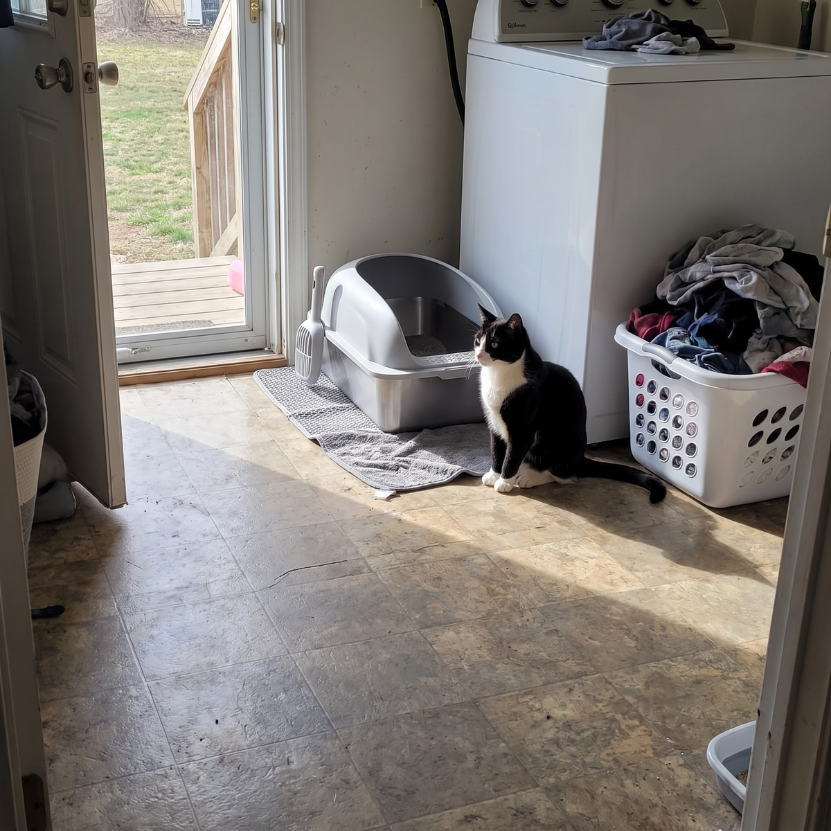 Tuxedo cat beside the light gray stainless steel litter box in a laundry room - wrenwood ugc lifestyle v2
