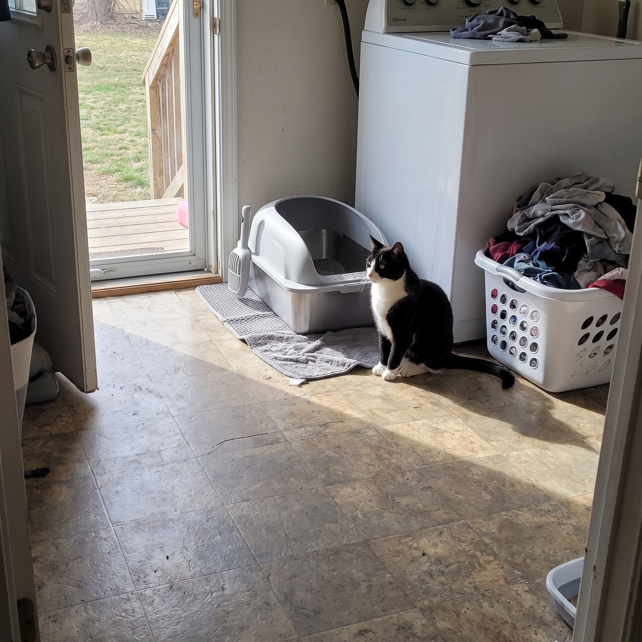 Tuxedo cat beside the light grey stainless steel litter box in a laundry room - wrenwood ugc lifestyle v2