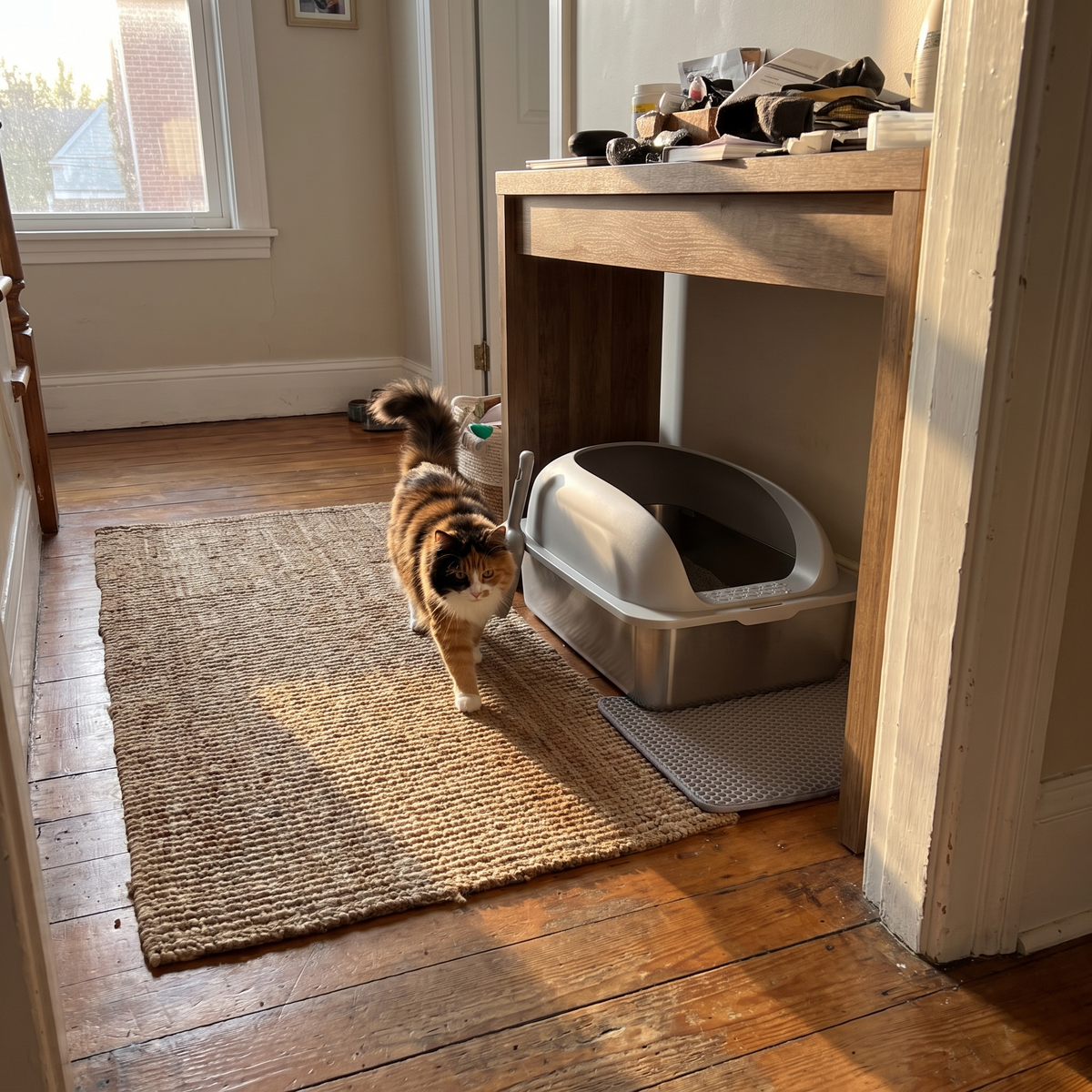 Calico cat walking to the light gray stainless steel litter box in a hallway nook - wrenwood ugc lifestyle v2