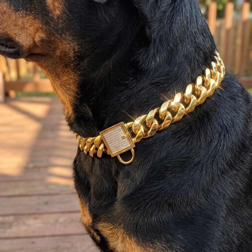 Close-up of a rottweiler's neck in the gold Cuban-link chain collar at golden hour - wrenwood ugc lifestyle v2