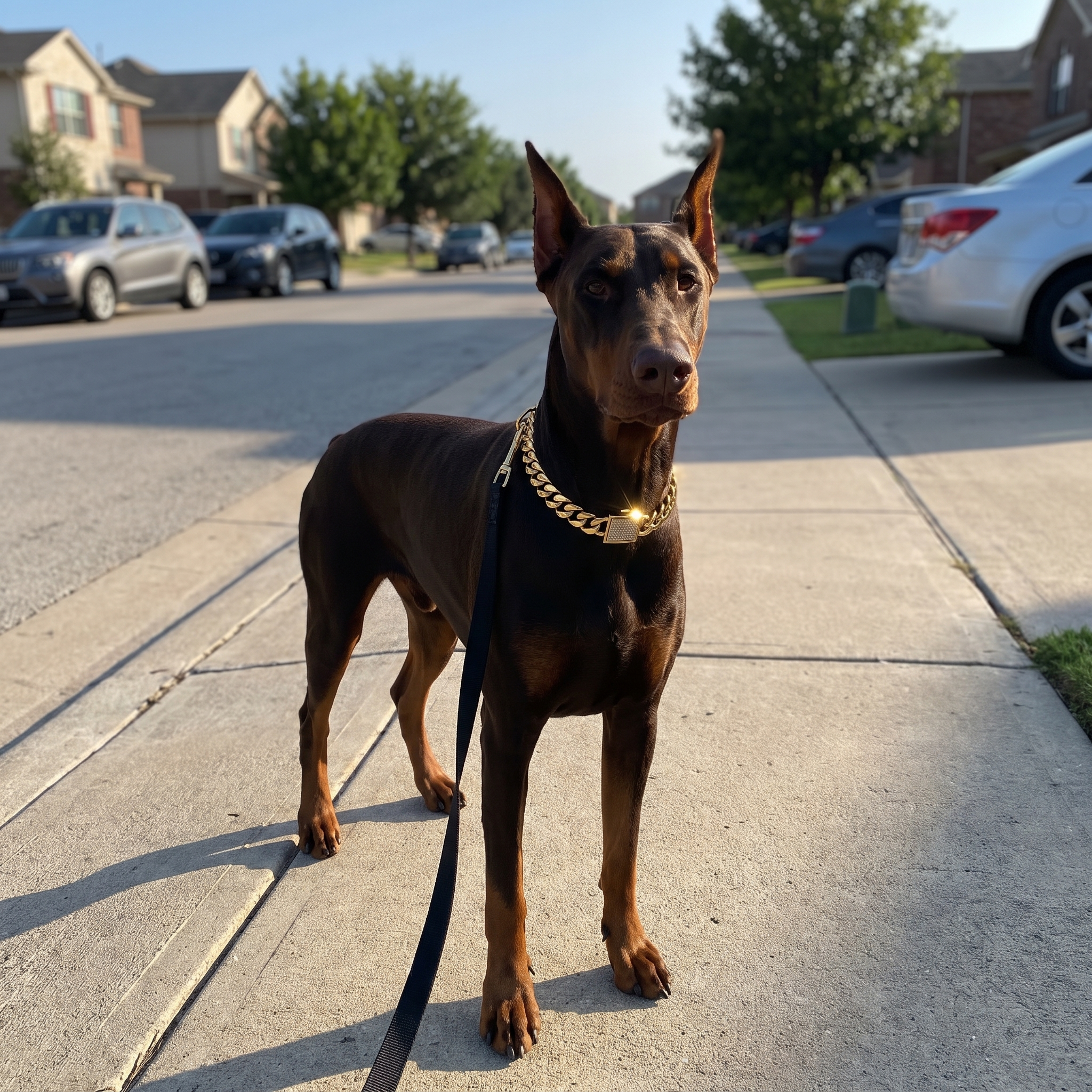 Doberman on a morning walk wearing the gold Cuban-link chain collar - wrenwood ugc lifestyle v2