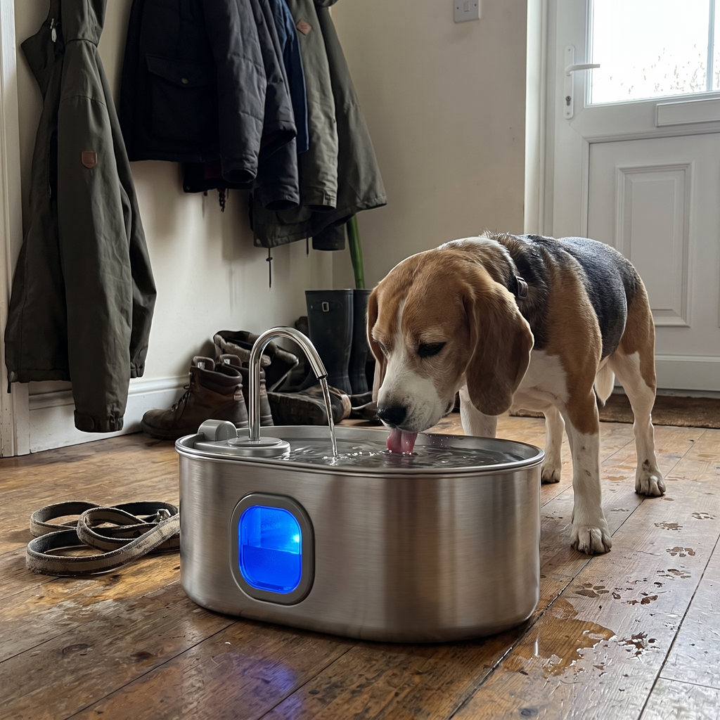 Beagle lapping from the stainless steel fountain with blue window in a mudroom - wrenwood ugc lifestyle v2