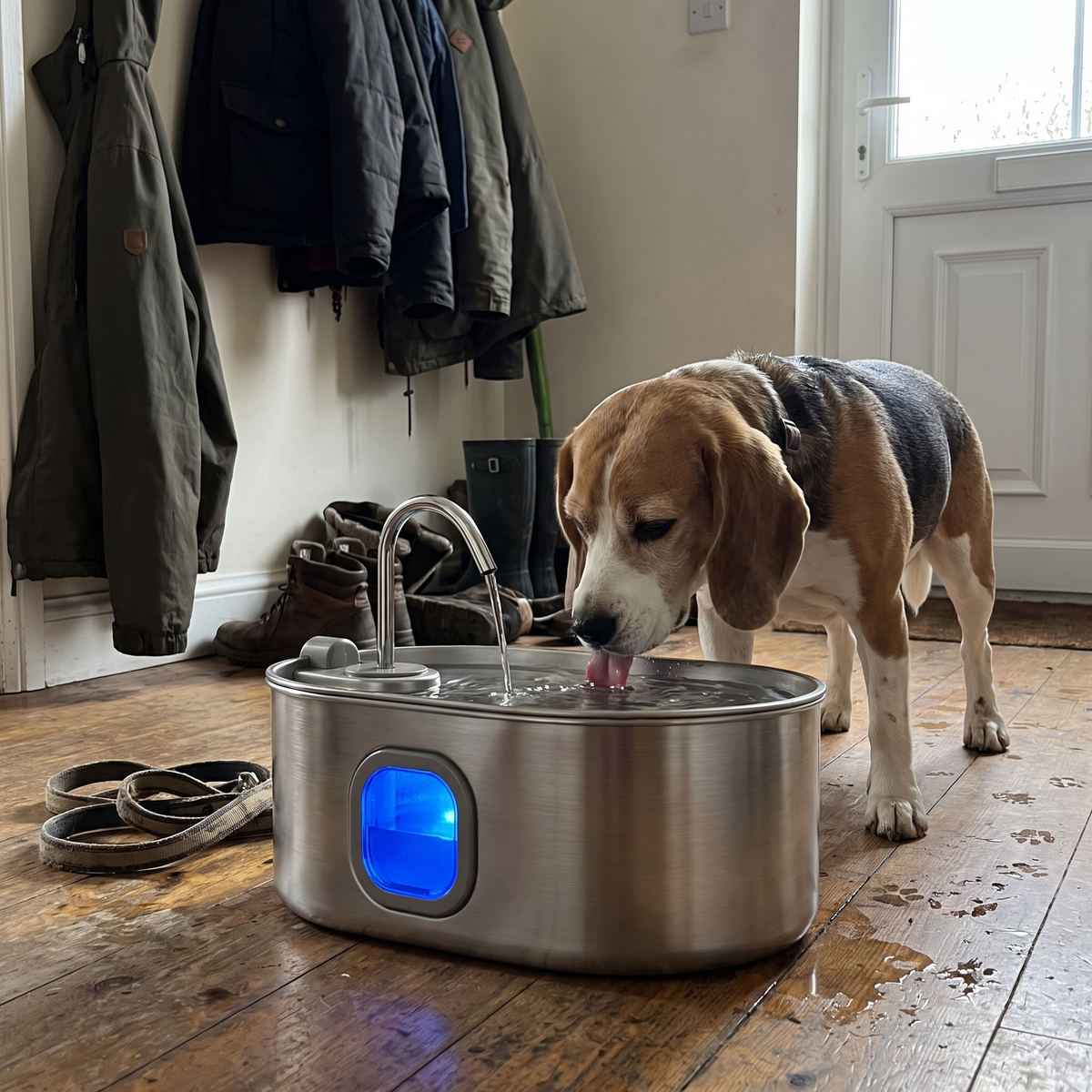 Beagle lapping from the stainless steel fountain with blue window in a mudroom - wrenwood ugc lifestyle v2