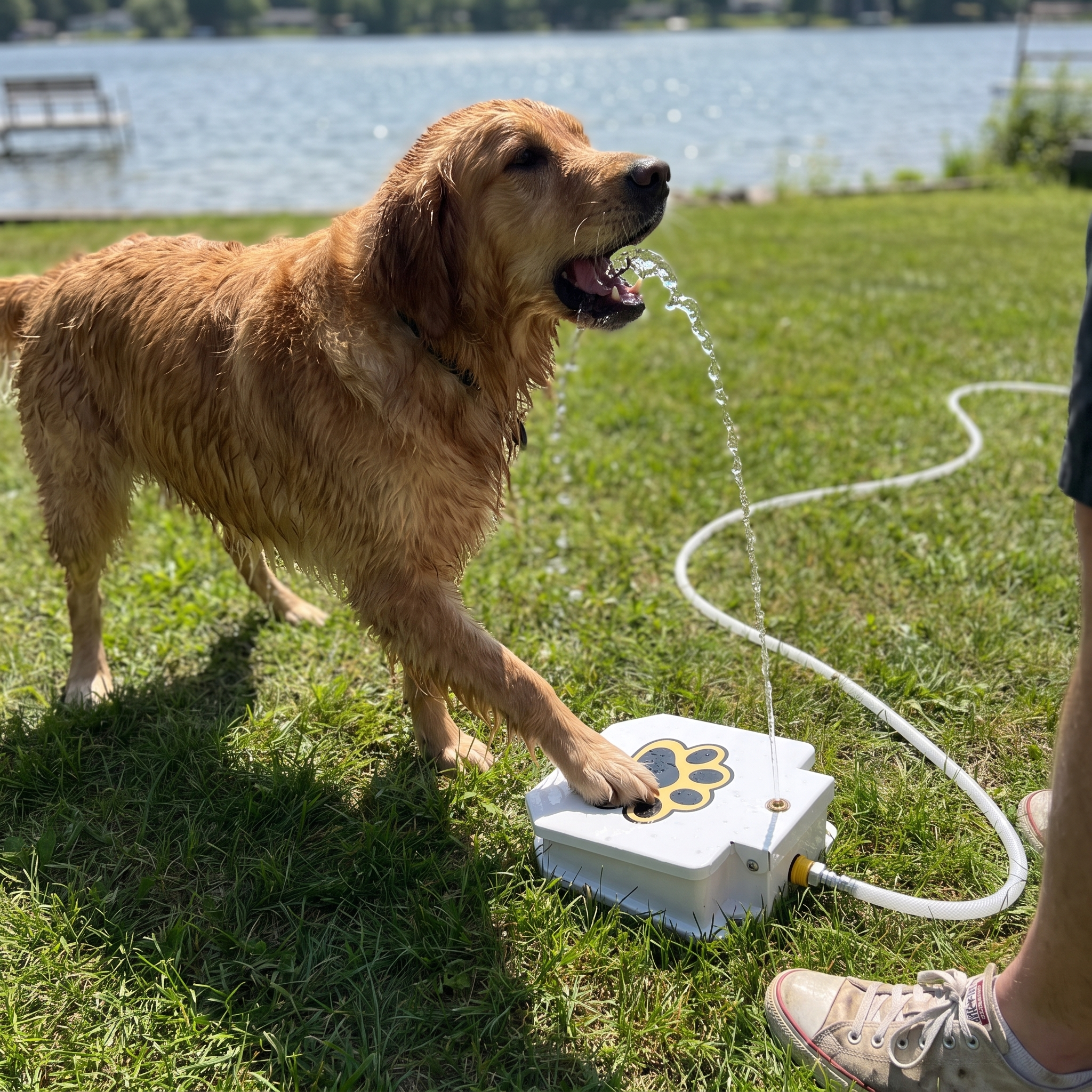 Golden retriever drinking the water arc from the step-on fountain by the lake - wrenwood ugc lifestyle v2