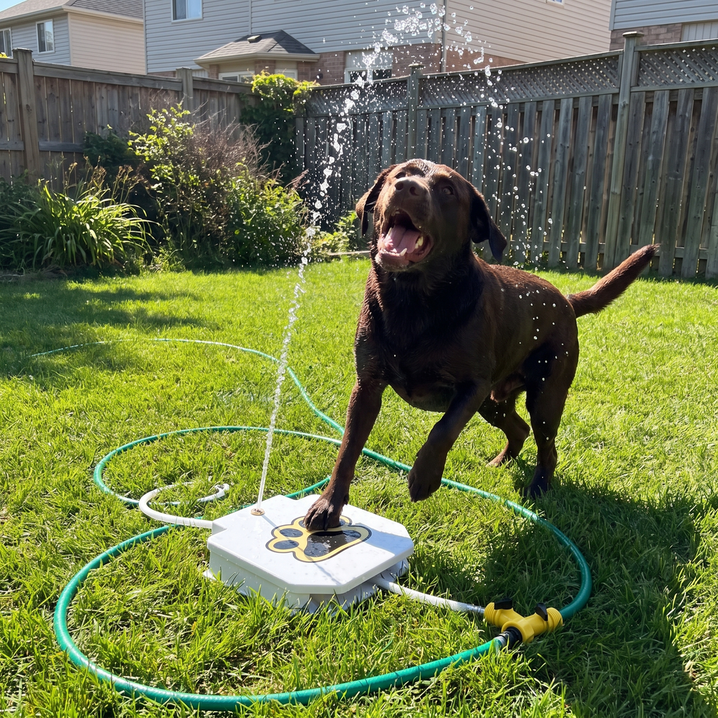 Chocolate lab splashing at the step-on dog water fountain on a summer lawn - wrenwood ugc lifestyle v2