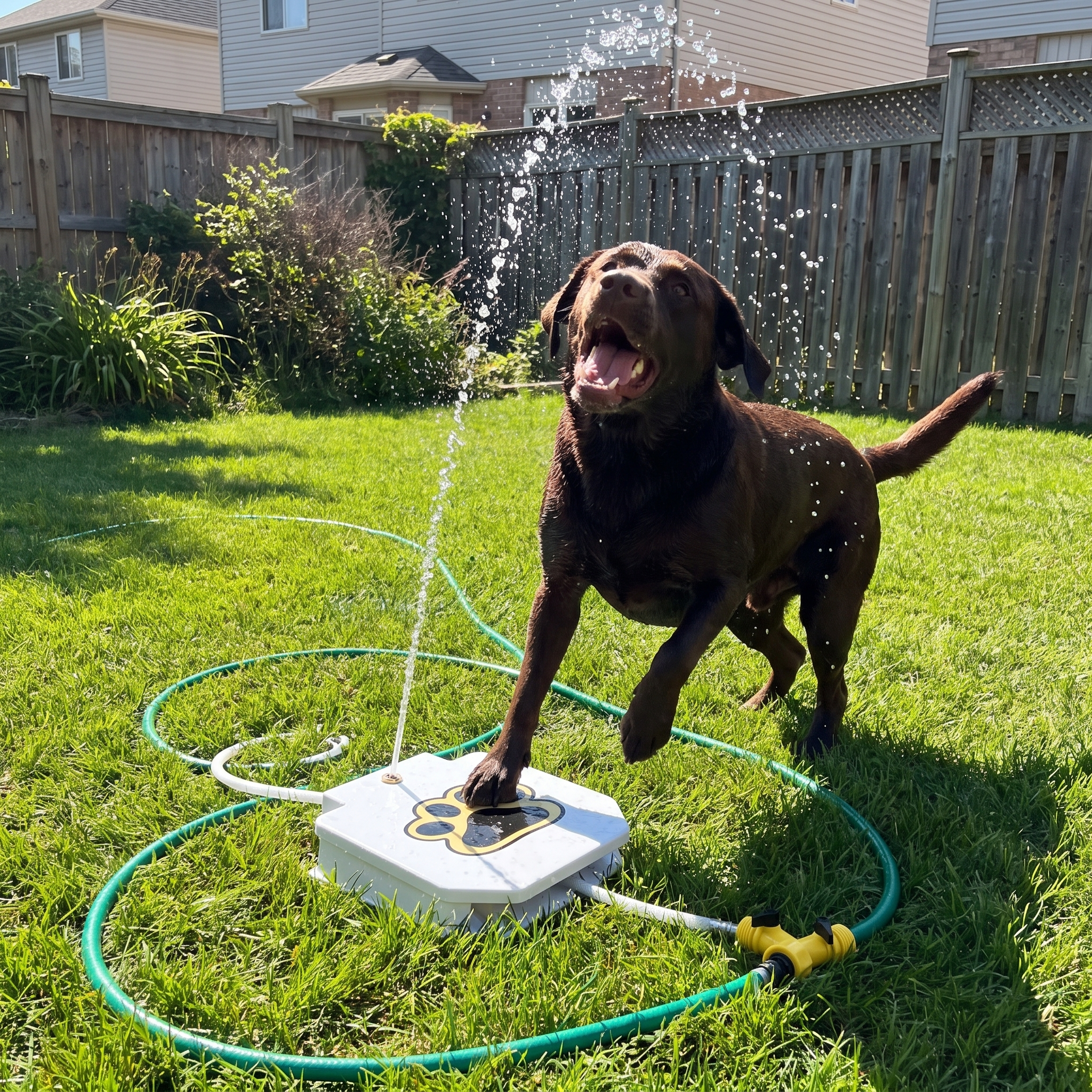 Chocolate lab splashing at the step-on dog water fountain on a summer lawn - wrenwood ugc lifestyle v2