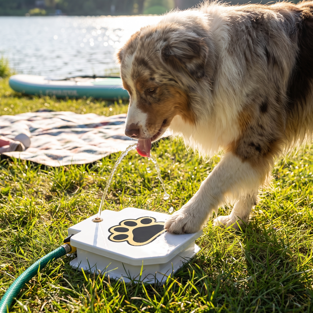 Australian shepherd pressing the paw pedal of the step-on fountain at a lakeside park - wrenwood ugc lifestyle v2
