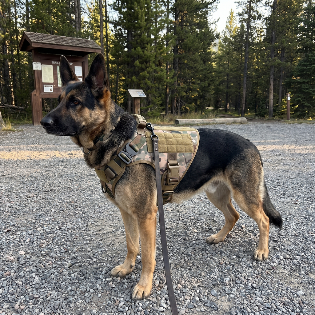 German shepherd in the camouflage tactical harness at a mountain trailhead - wrenwood ugc lifestyle v2