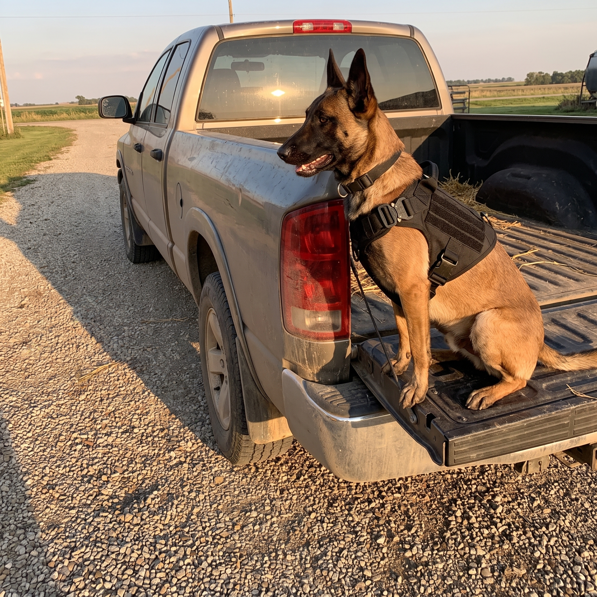 Belgian malinois in the black tactical harness on a truck tailgate - wrenwood ugc lifestyle v2