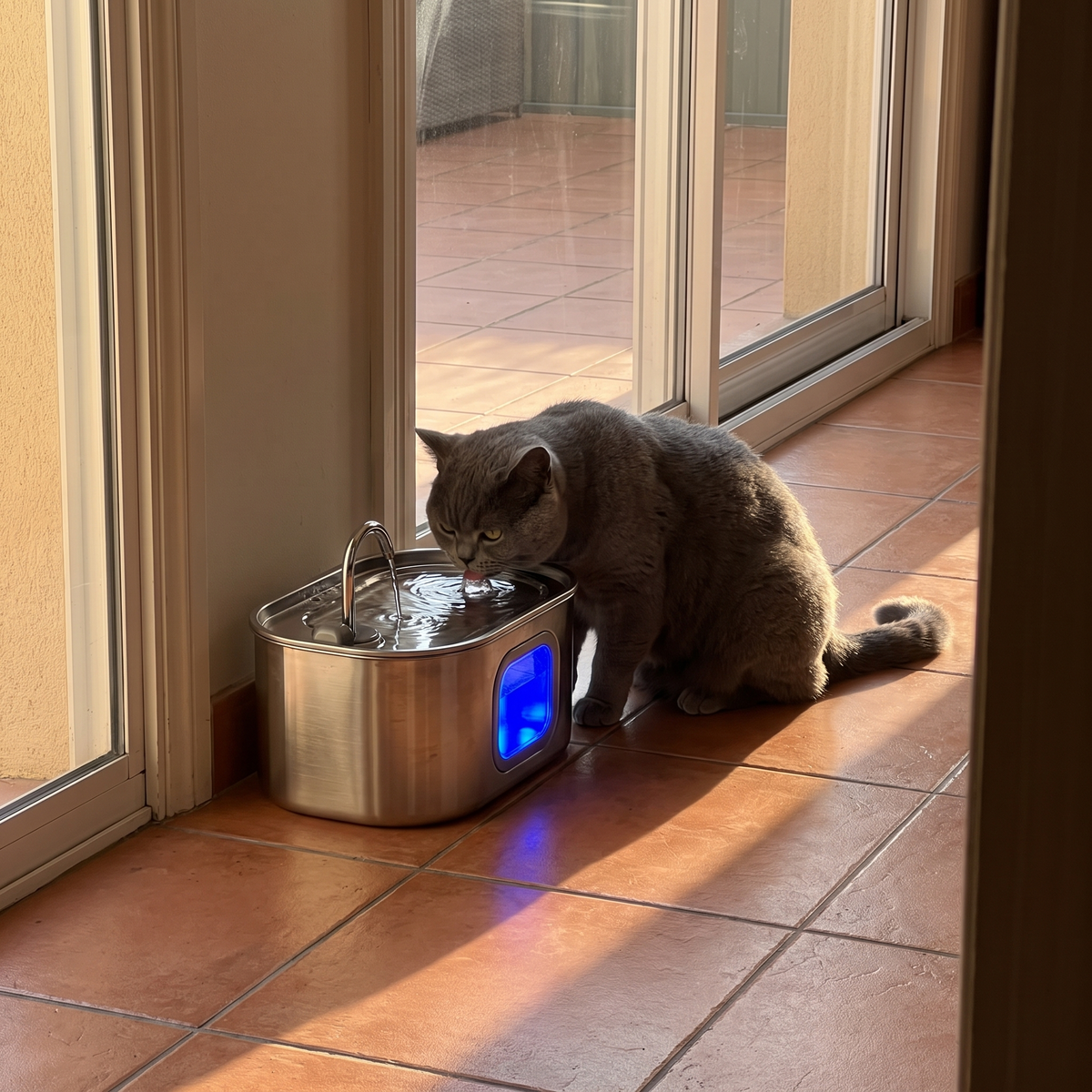 Gray shorthair cat drinking from the stainless steel fountain by a patio door - wrenwood ugc lifestyle v2