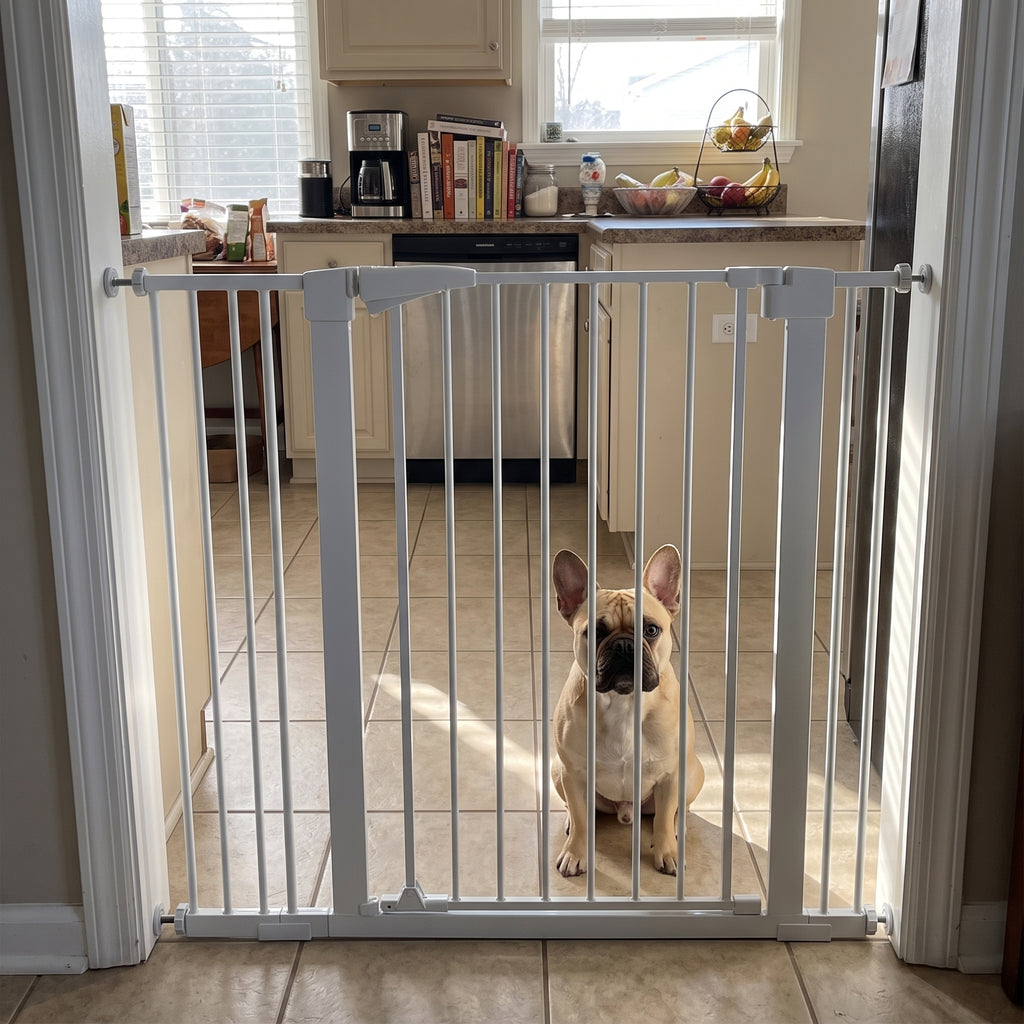 French bulldog sitting behind the tall white safety gate in a kitchen doorway - wrenwood ugc lifestyle v2