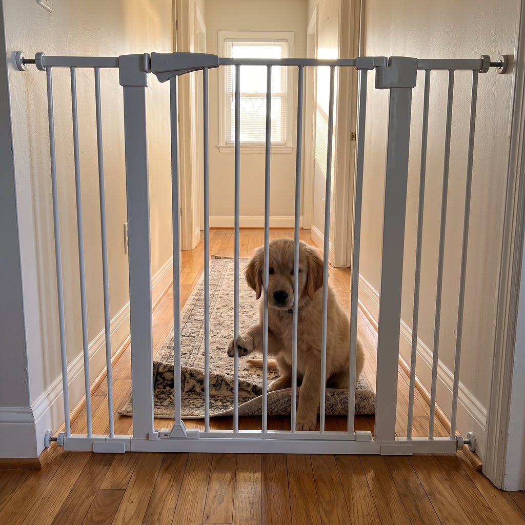 Golden retriever puppy pawing at the tall white safety gate across a hallway - wrenwood ugc lifestyle v2