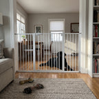 Black labrador resting behind the tall white safety gate used as a living room divider - wrenwood ugc lifestyle v2