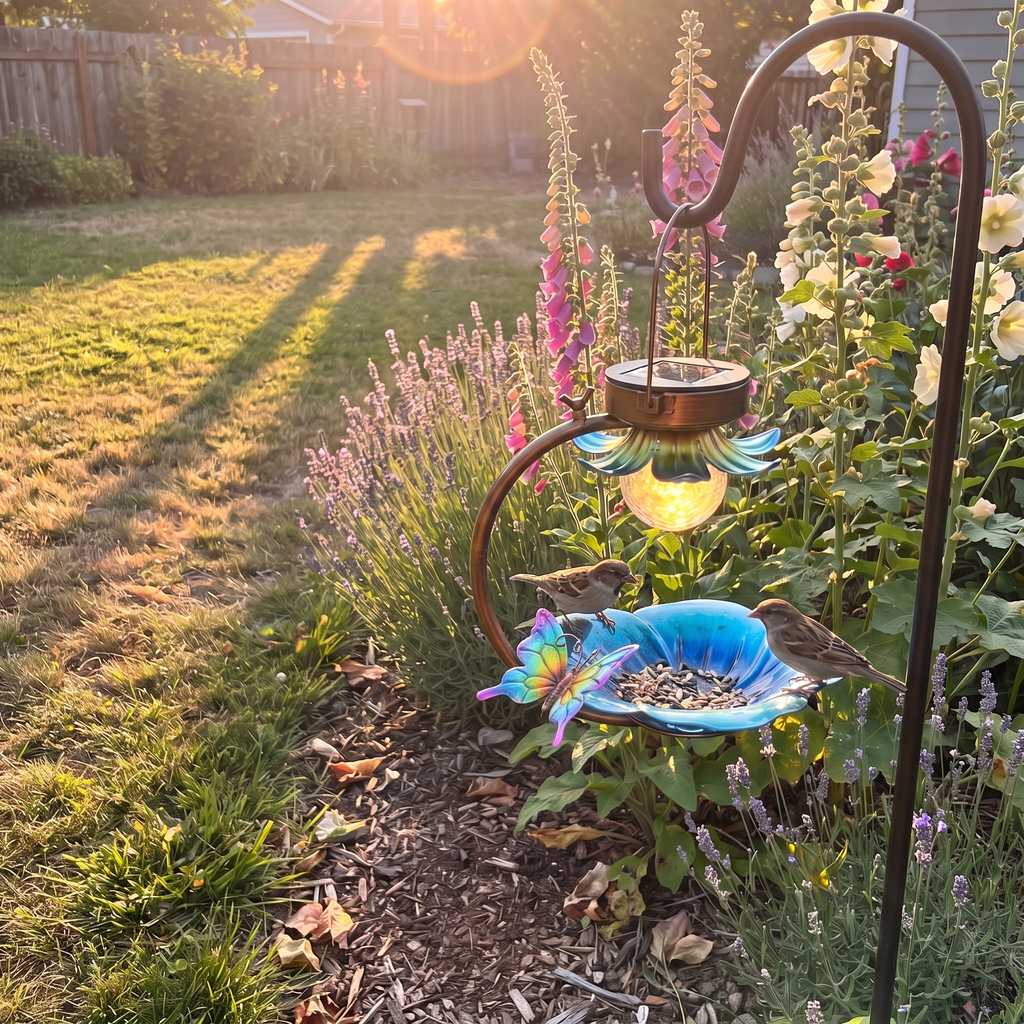 Solar bird feeder with a blue glass seed dish hangs from a garden hook at sunset.