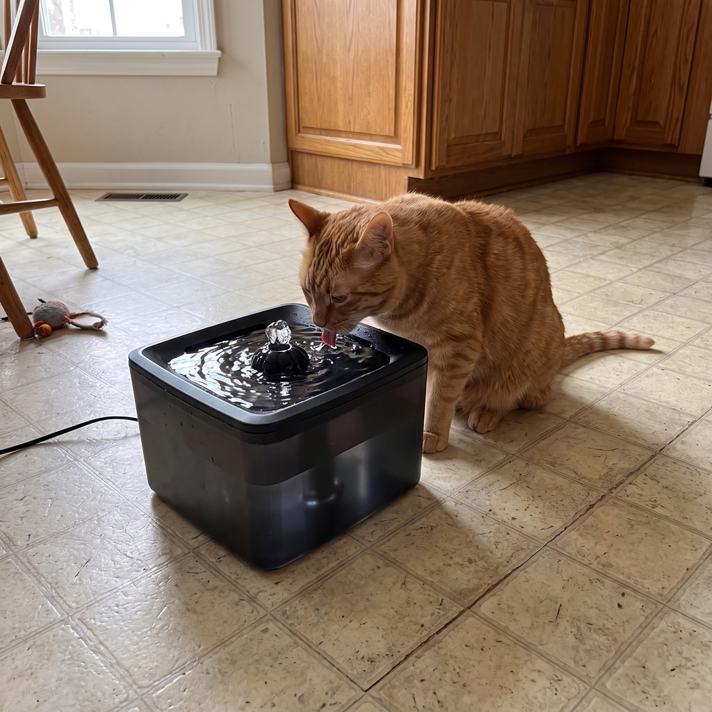 Orange tabby cat drinking from the circulating pet water fountain on a kitchen floor - wrenwood ugc lifestyle v3