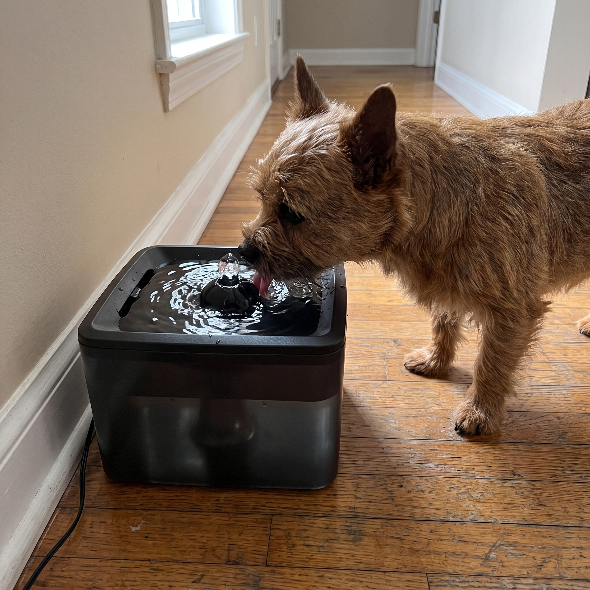 Small terrier drinking from the circulating pet water fountain in a hallway - wrenwood ugc lifestyle v3