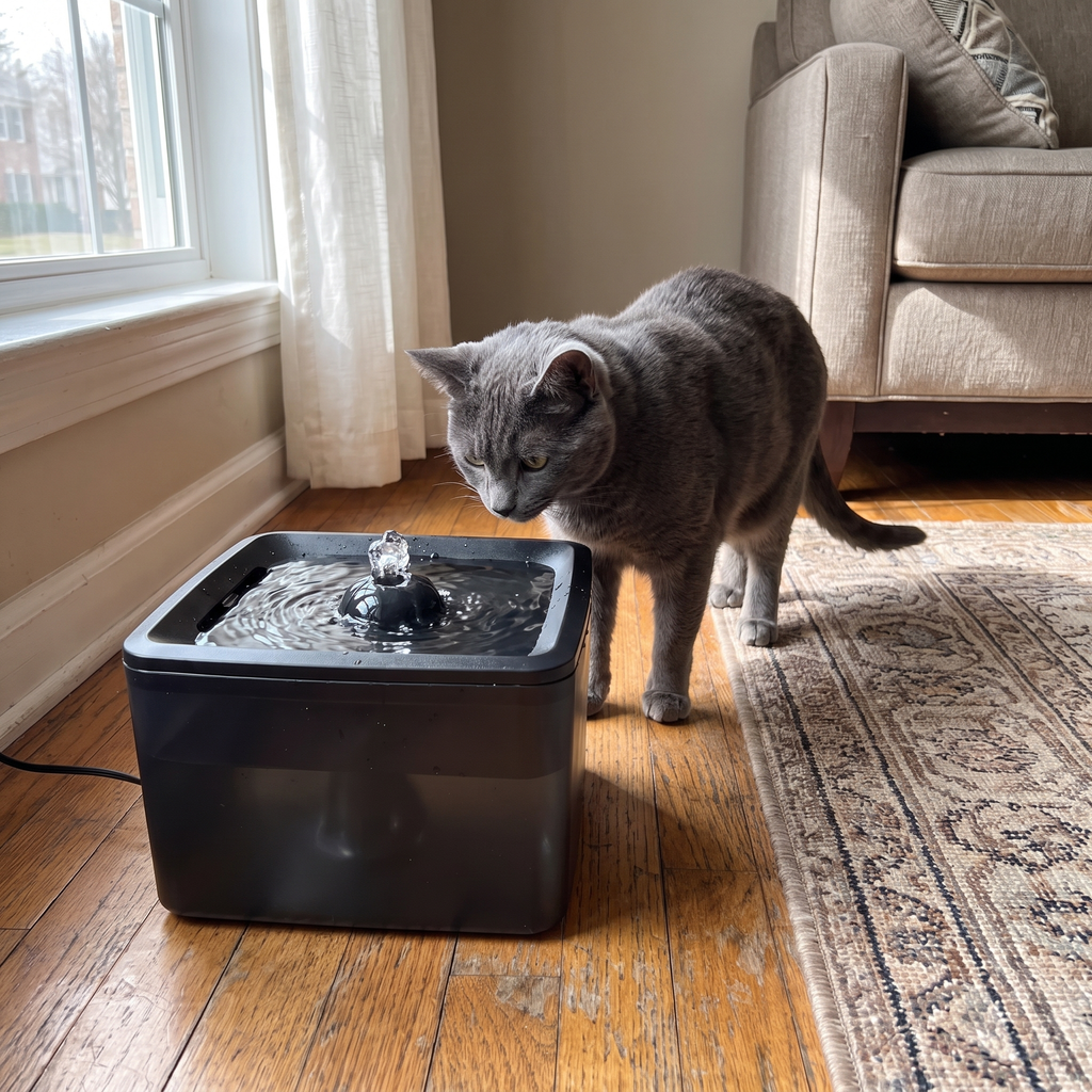Grey cat beside the running circulating pet water fountain by a bright window - wrenwood ugc lifestyle v3