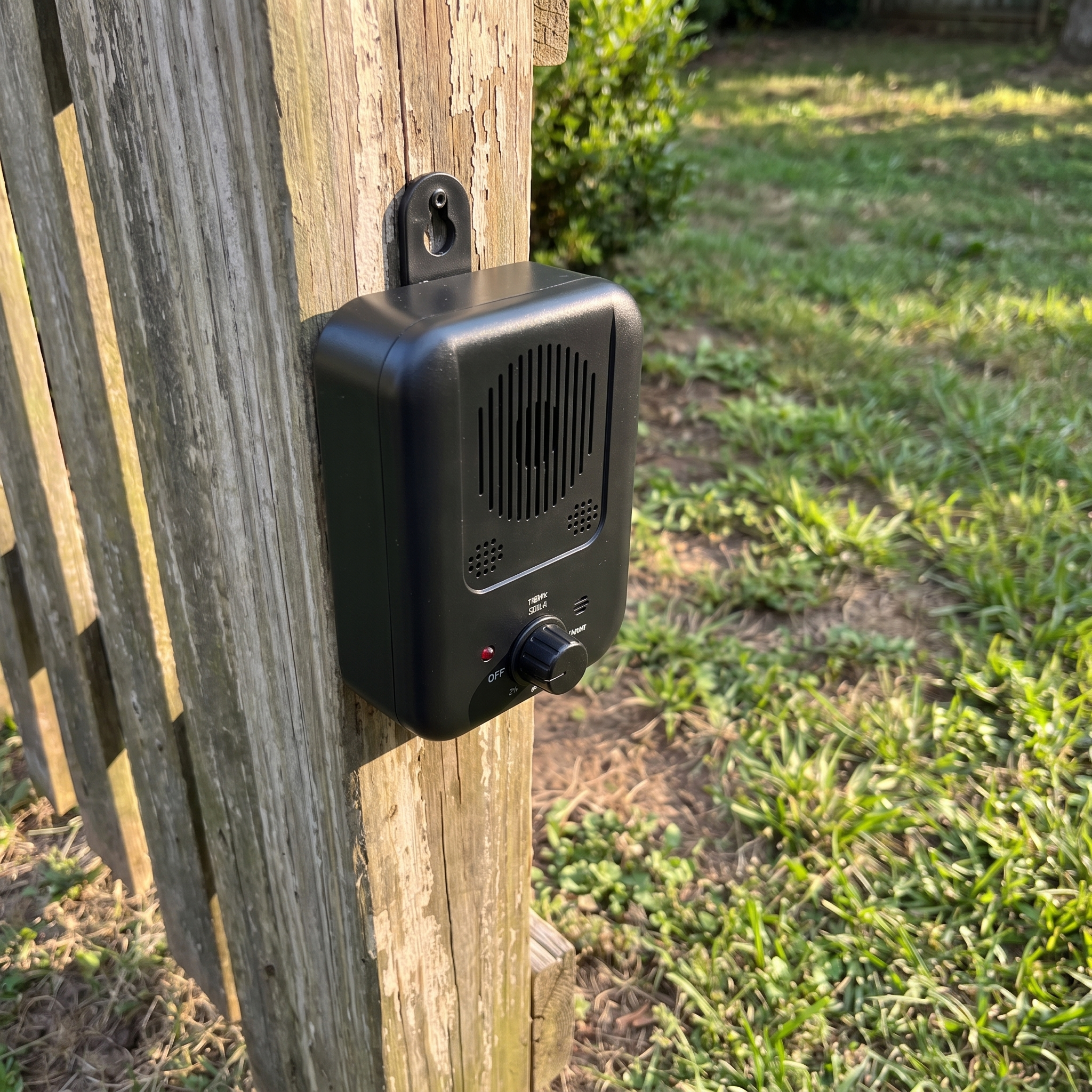 Ultrasonic bark control device mounted on a backyard fence post - wrenwood hero v2