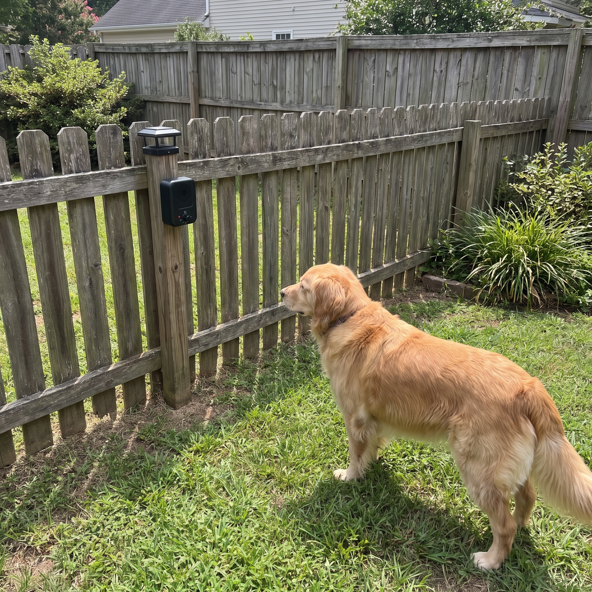 Golden retriever in the yard near the ultrasonic bark control device on the fence - wrenwood ugc lifestyle v3