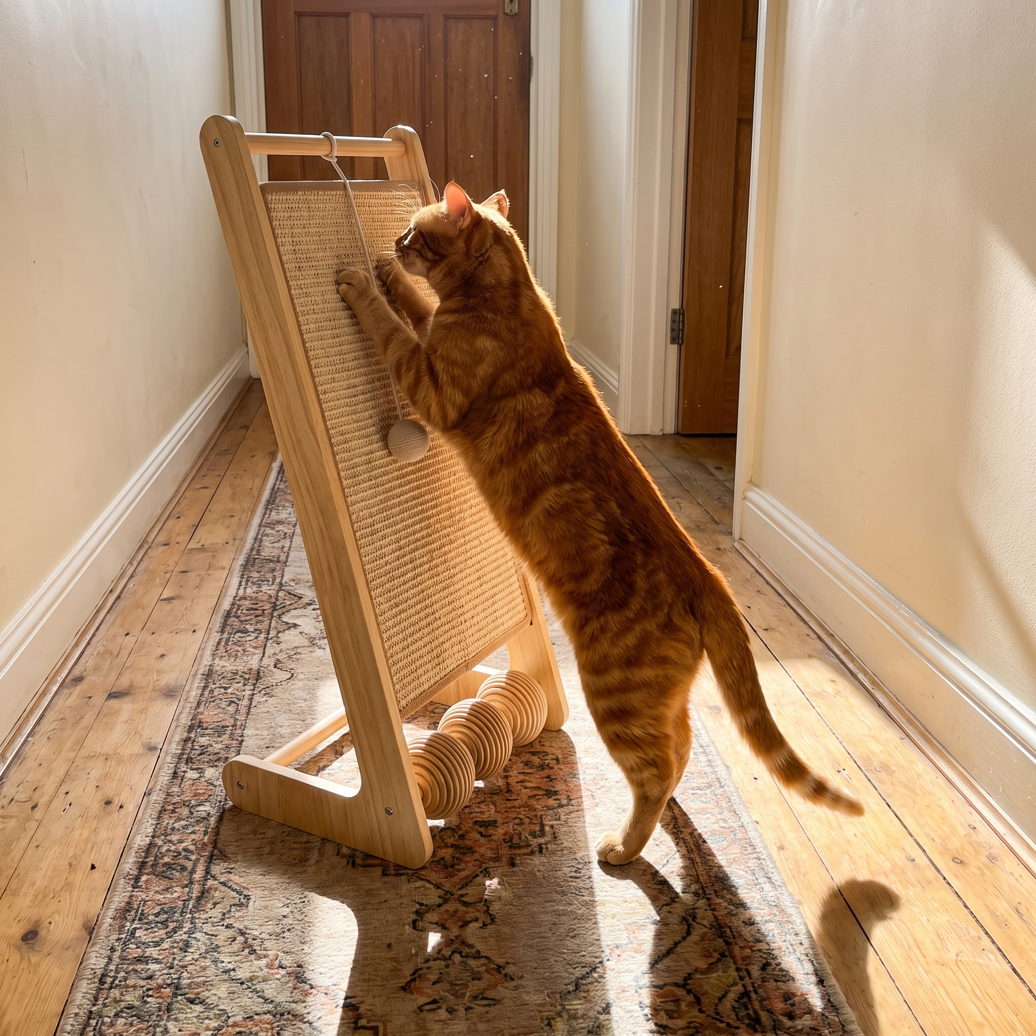 Orange tabby stretched up scratching the vertical sisal cat scratcher in a hallway - wrenwood ugc lifestyle v3
